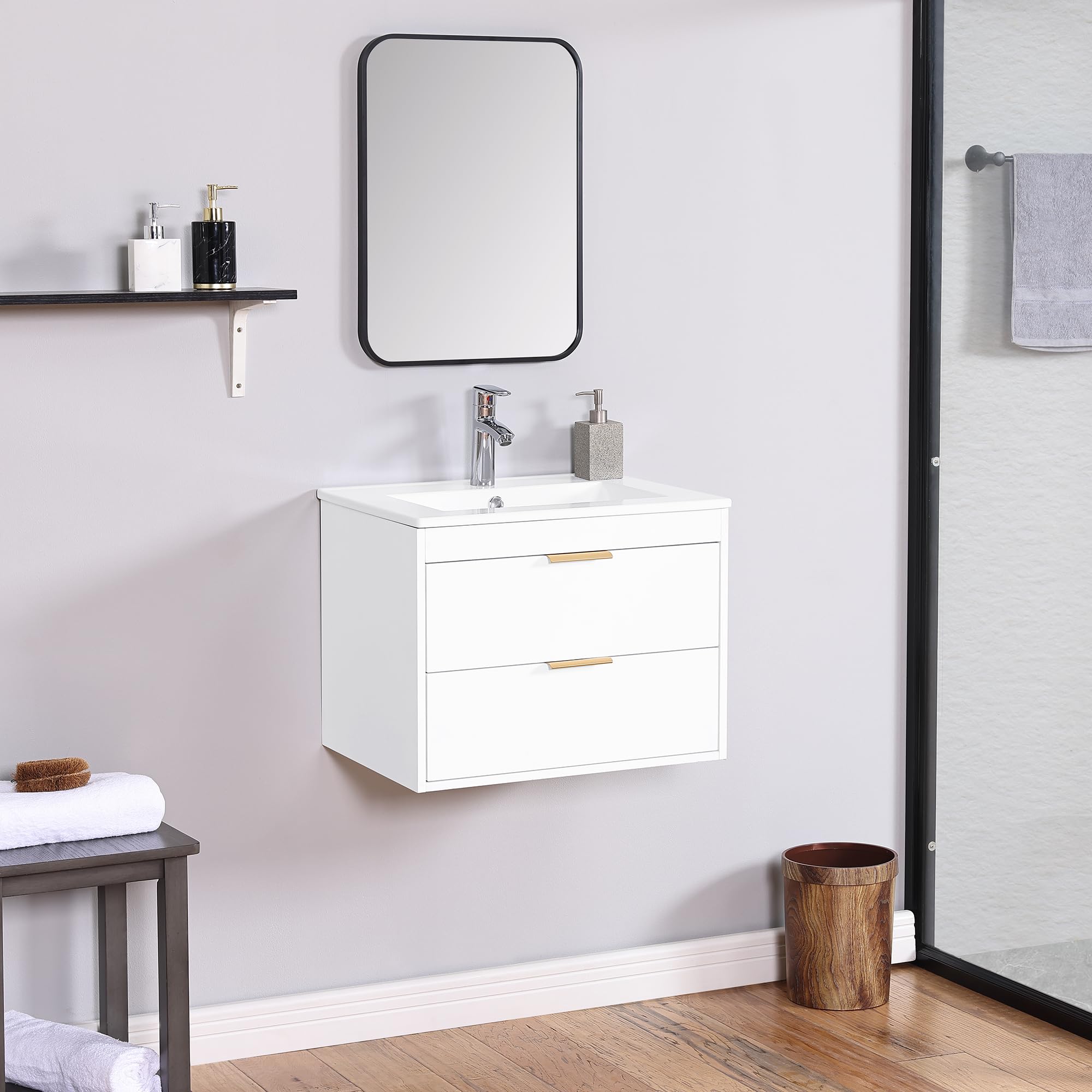 Polibi 24 Inch Floating Wall-Mounted Bathroom Vanity with Integrated Top Sink - White Modern Bathroom Storage Cabinet with 2 Drawers - Perfect for Small Bathrooms, Powder Rooms & Space-Saving Home Decor