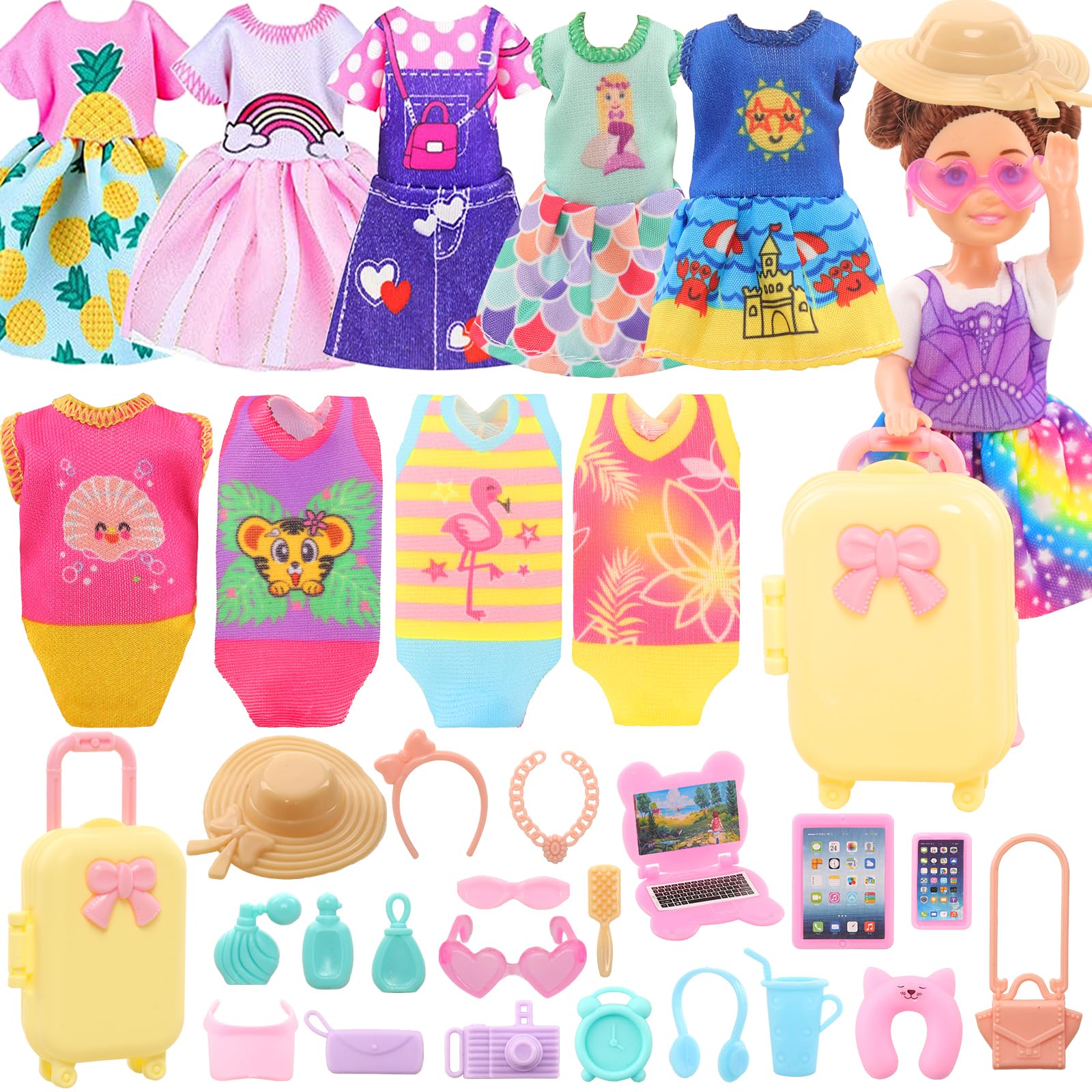 Miunana 27-Piece Doll Travel Set for 6-Inch Dolls - Includes Suitcase, 6 Outfits, Glasses & 19 Travel Accessories | Perfect for Role Play, Pretend Travel & Dollhouse Adventures