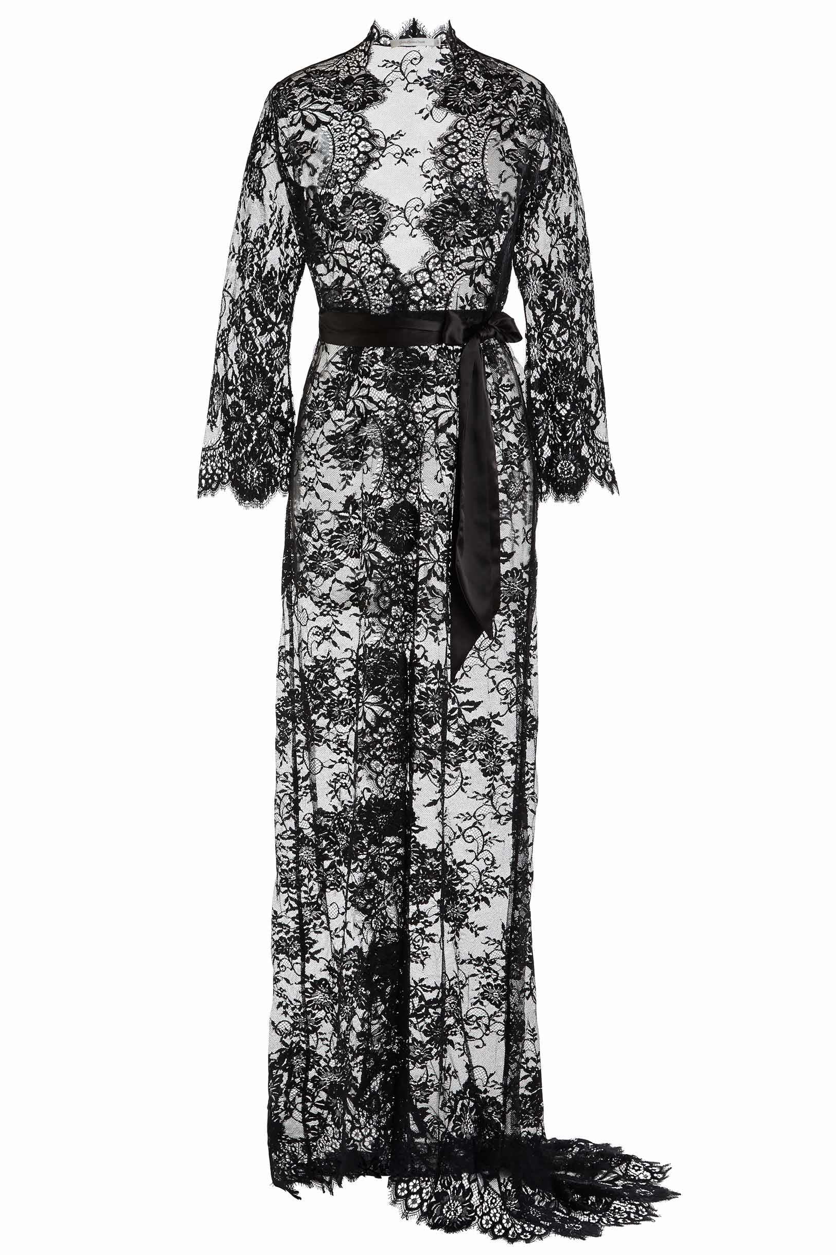 Swan Queen Black Long Bridal Lace Robe Gown with Scalloped Train - Elegant Wedding Dress for Bridal Shower, Boudoir Photography & Honeymoon Getaway