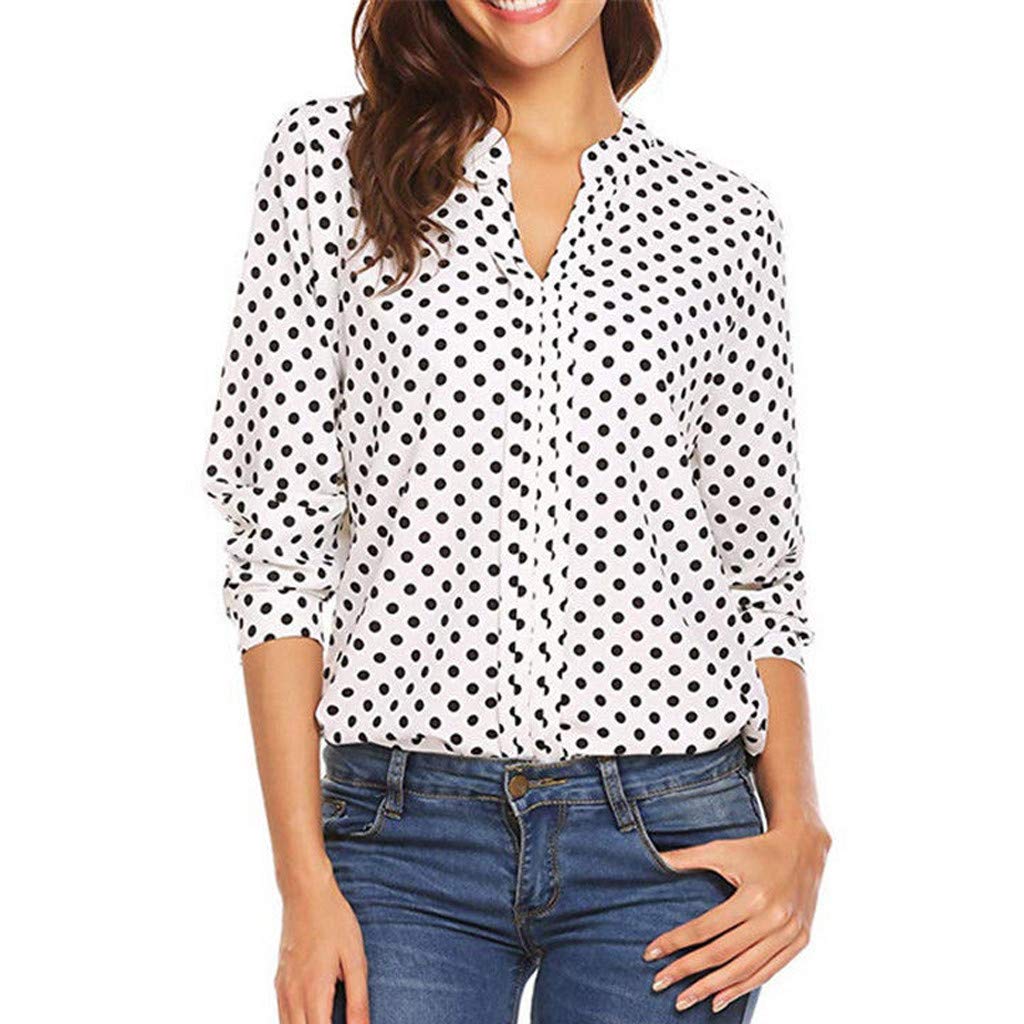 White Loose V-Neck T-Shirt for Women - Casual Dot Sleeve Blouse with Mock Neck & Long Sleeve Thermal Top | Perfect for Layering, Office Wear & Everyday Outfits