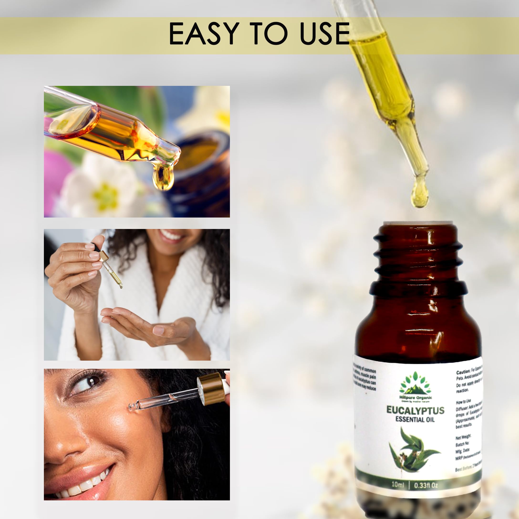 Hillpure Organic Eucalyptus Essential Oil - 100% Pure Natural Therapeutic Grade for Hair Growth, Skin Care & Aromatherapy Diffuser - 10ml Bottle for Stress Relief, Cold Relief & Home Spa