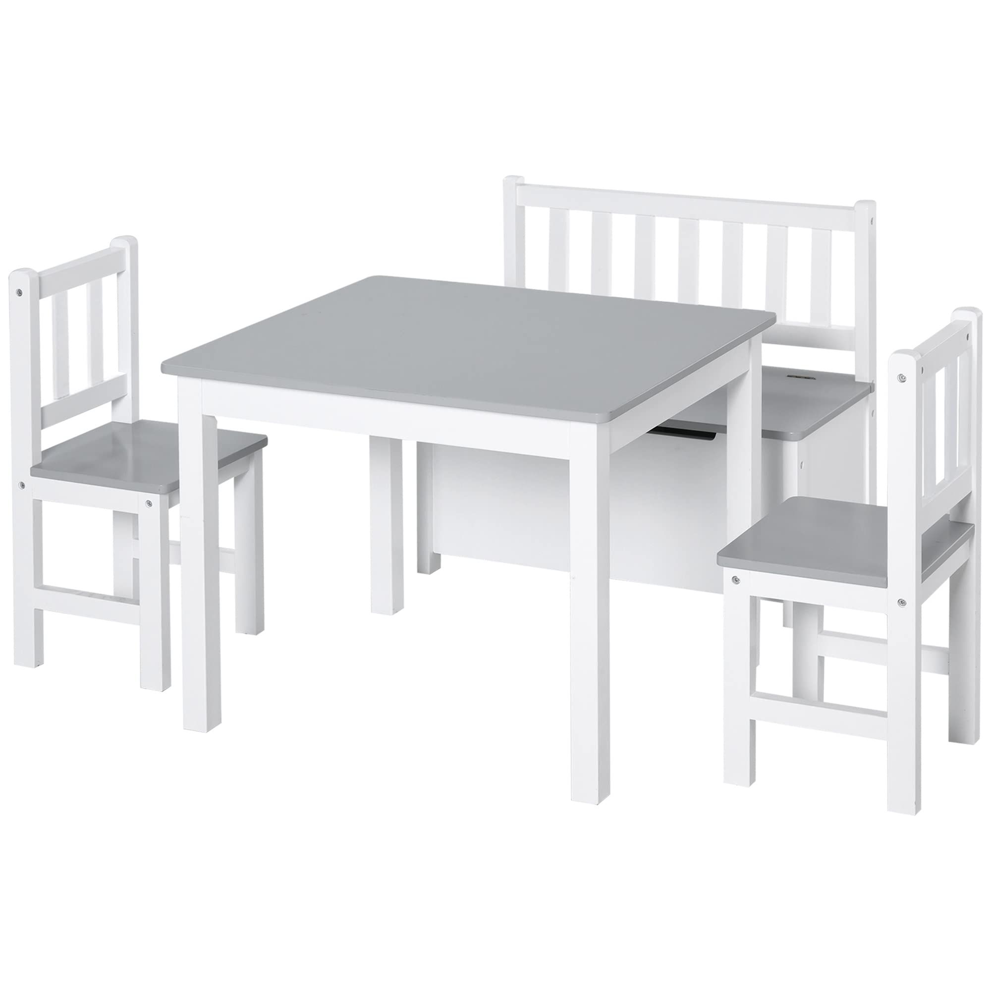 Qaba 4-Piece Kids Table and Chair Set with 2 Wooden Chairs & Storage Bench - Modern Design for Children's Room, Playroom or Classroom - Grey/White Color