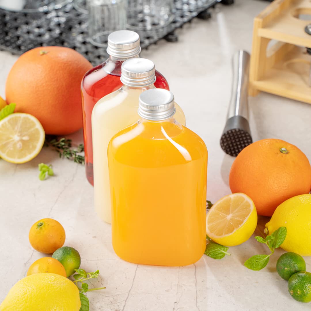 Restaurantware Bottle Tek 10oz Empty Plastic Liquor Bottles (100-Pack) with Aluminum Lids - Clear Disposable Flasks for Juice, Ginger, Sauces & Party Favors | Perfect for Bars, Catering & DIY Cocktail Kits