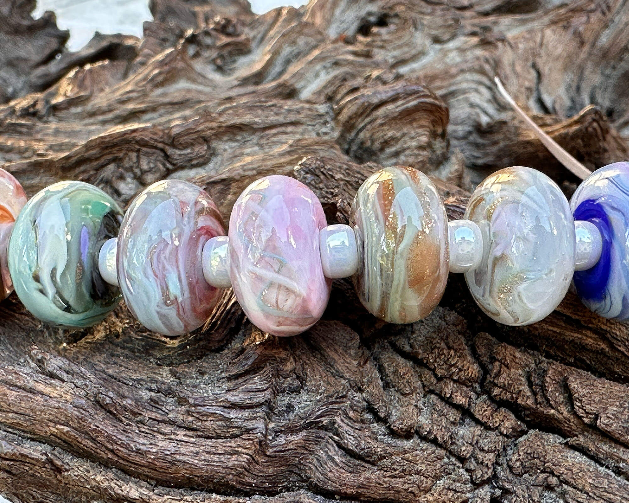 15-Piece Pastel Swirl Lampwork Glass Beads Set for Jewelry Making - DIY Bracelet, Necklace & Craft Projects - SRA Certified Artisan Beads