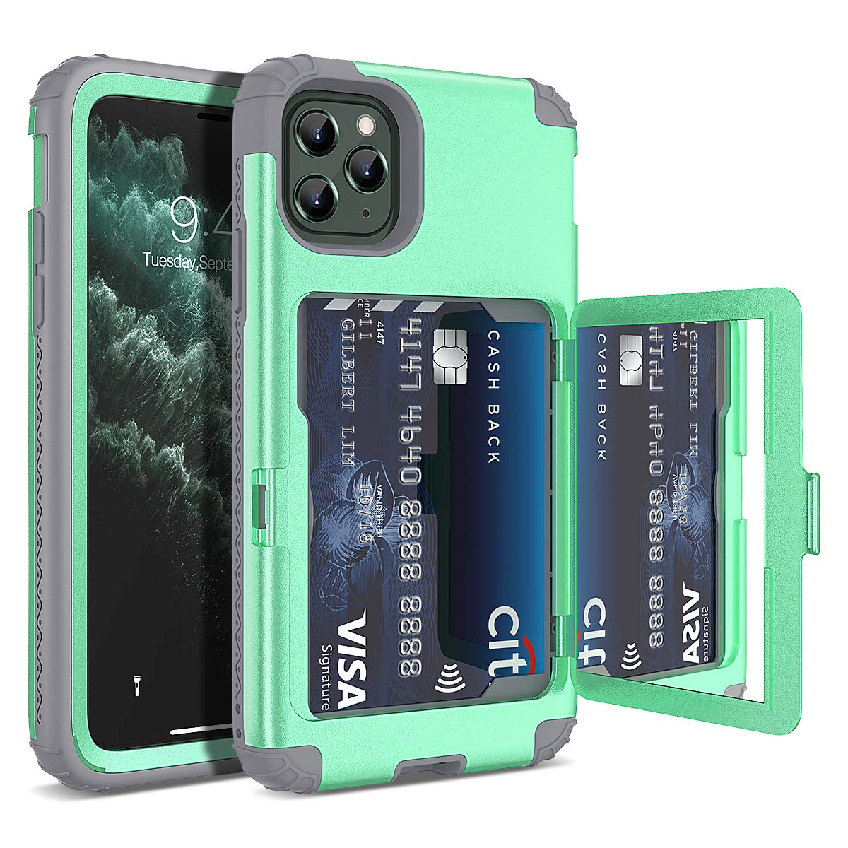 Premium iPhone 11 Pro Max Wallet Case with Card Holder & Hidden Mirror - 3-Layer Shockproof Heavy Duty Protection for Women (Mint Green) - Perfect for Everyday Use, Travel, and Secure Storage