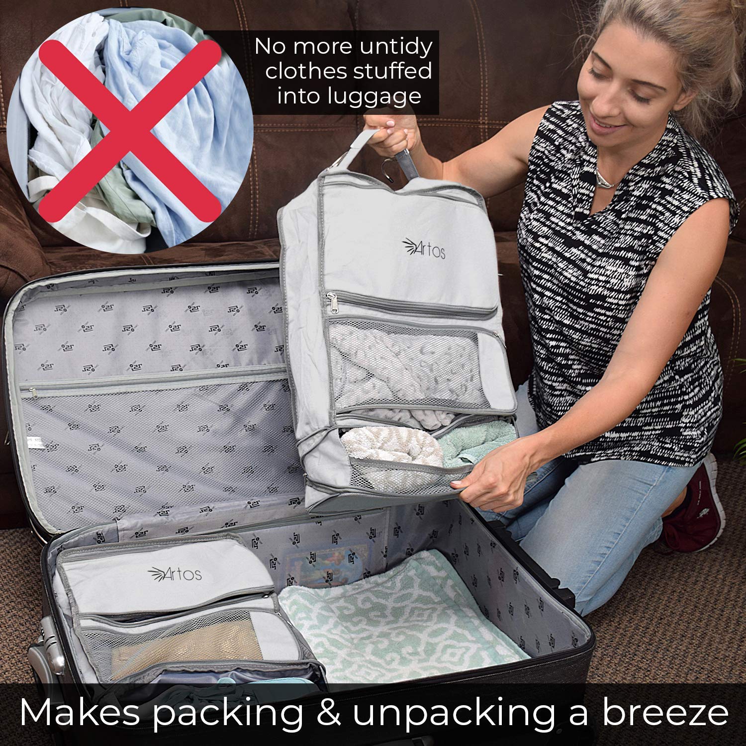 Artos Hanging Portable Luggage Organizer with Hooks - Travel Suitcase Storage for Carry-On, RV & Camping | Packing Cube for Clothes & Accessories | Space-Saving Grey Shelving Solution (Ideal for Business Trips, Vacations & Road Trips)