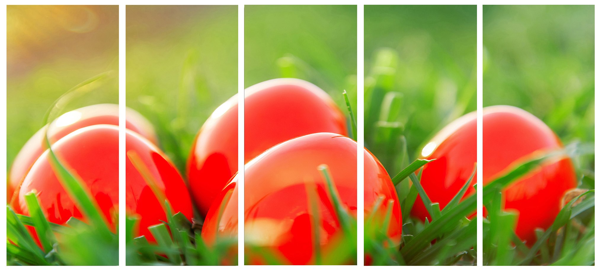 Designart Red Easter Eggs in Green Grass Landscape Photo Canvas Print - 60x28 Inches 5-Panel Wall Art for Living Room, Bedroom & Office Decor
