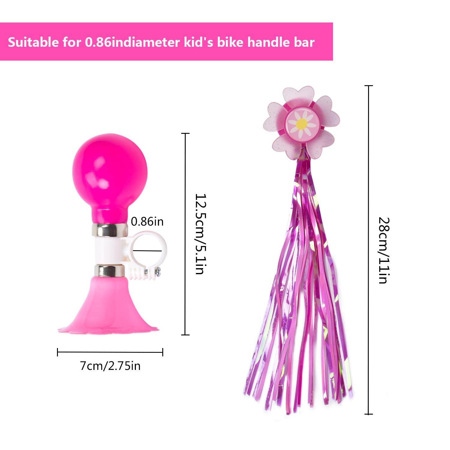 2 Pack Kids Bike Horn & Handle Streamers - Fun Bicycle Bell Accessories for Boys & Girls (Pink) | Safe Cycling Toys for Children's Bikes | Perfect for Birthday Gifts & Outdoor Play
