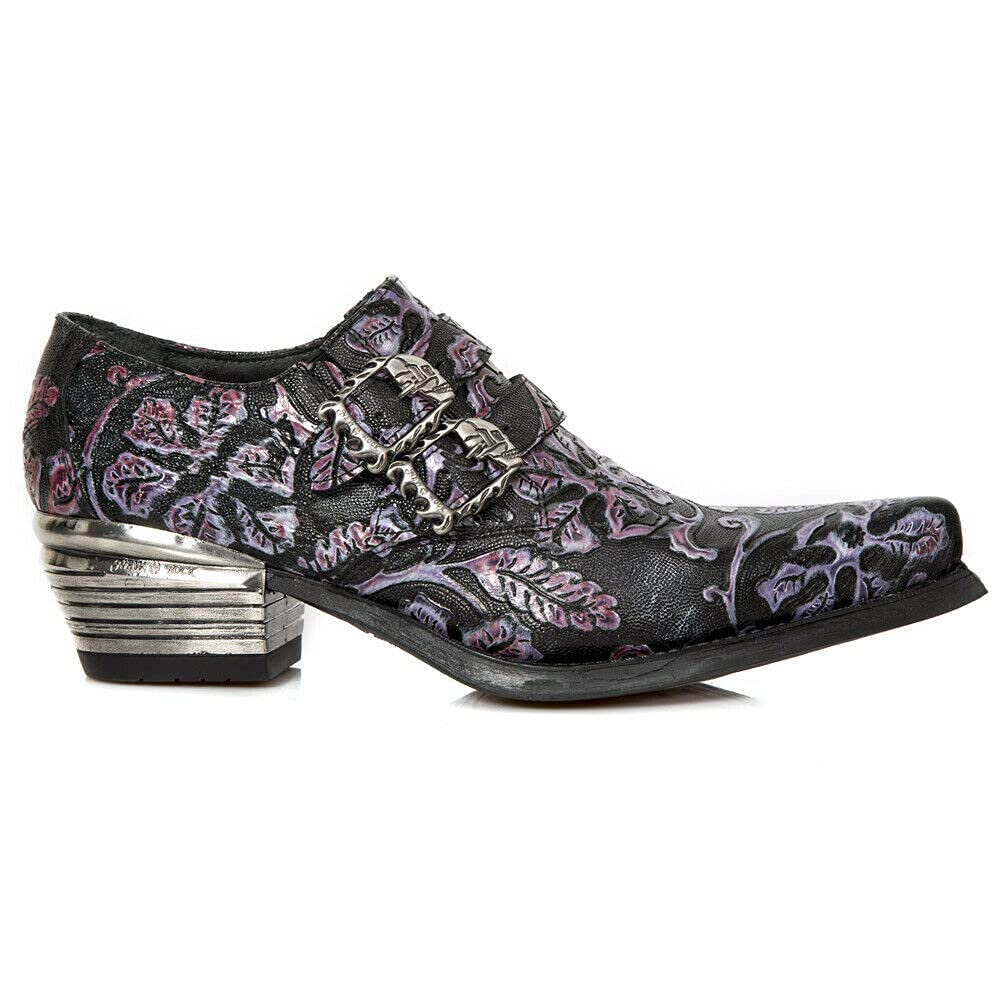 New Rock 7960 Men's Embossed Vintage Leather Boots with Buckle & Steel Heel - Stylish Motorcycle & Biker Shoes for Riding & Casual Wear
