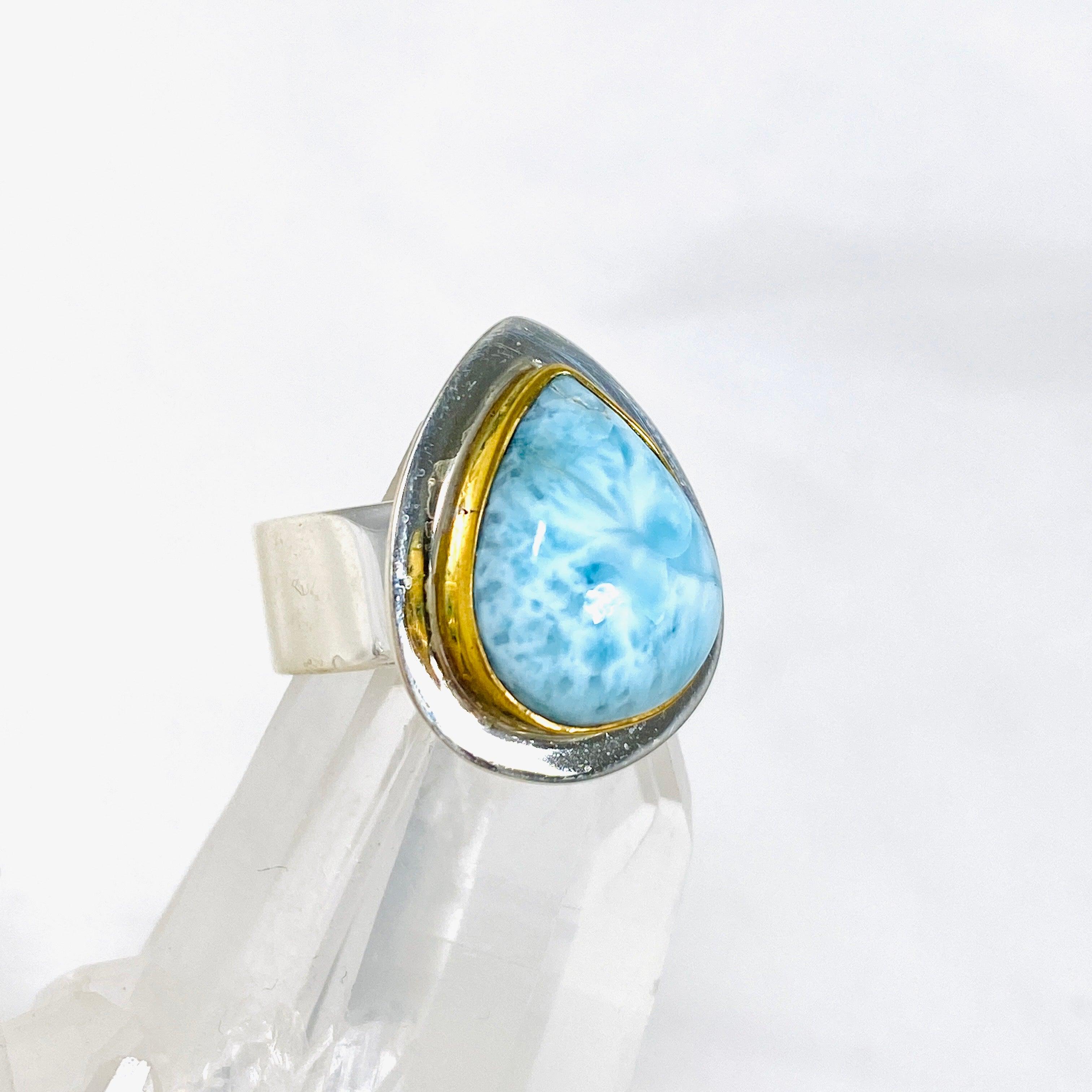 Larimar Teardrop Ring with Brass Detailing - Size 6 - Handmade Sterling Silver Jewelry - KRGJ3087 - Perfect for Boho Style, Beach Wedding & Everyday Wear