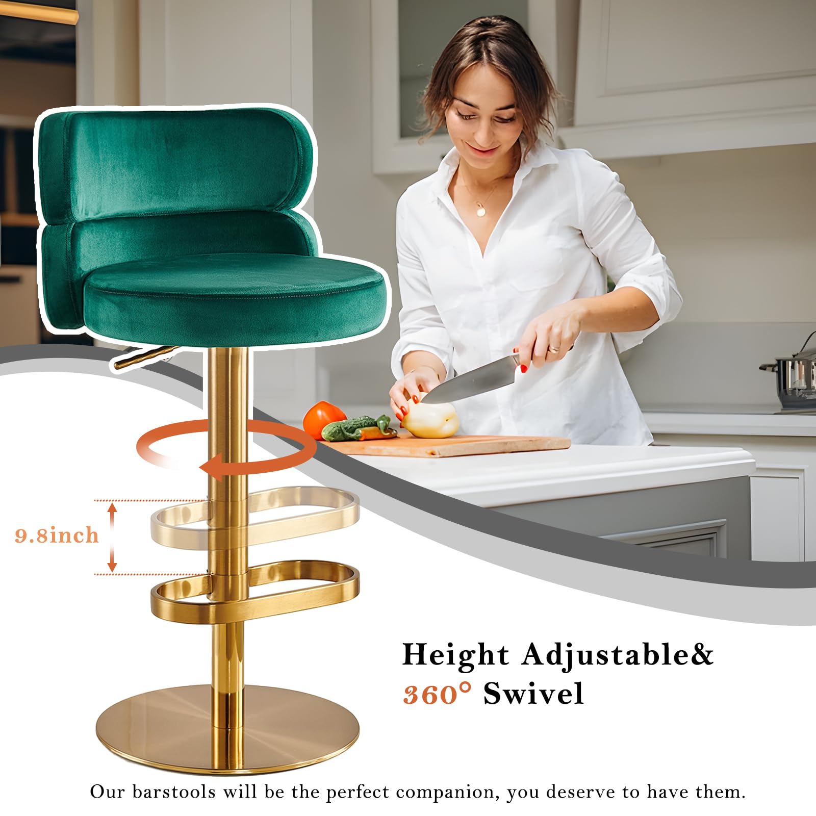 Modern Adjustable Height Swivel Bar Stools with Back - Gold Legs Counter Height Barstools for Kitchen Island, Living Room, Coffee Shop - Set of 1 (Green) - Perfect for Entertaining, Dining & Home Decor