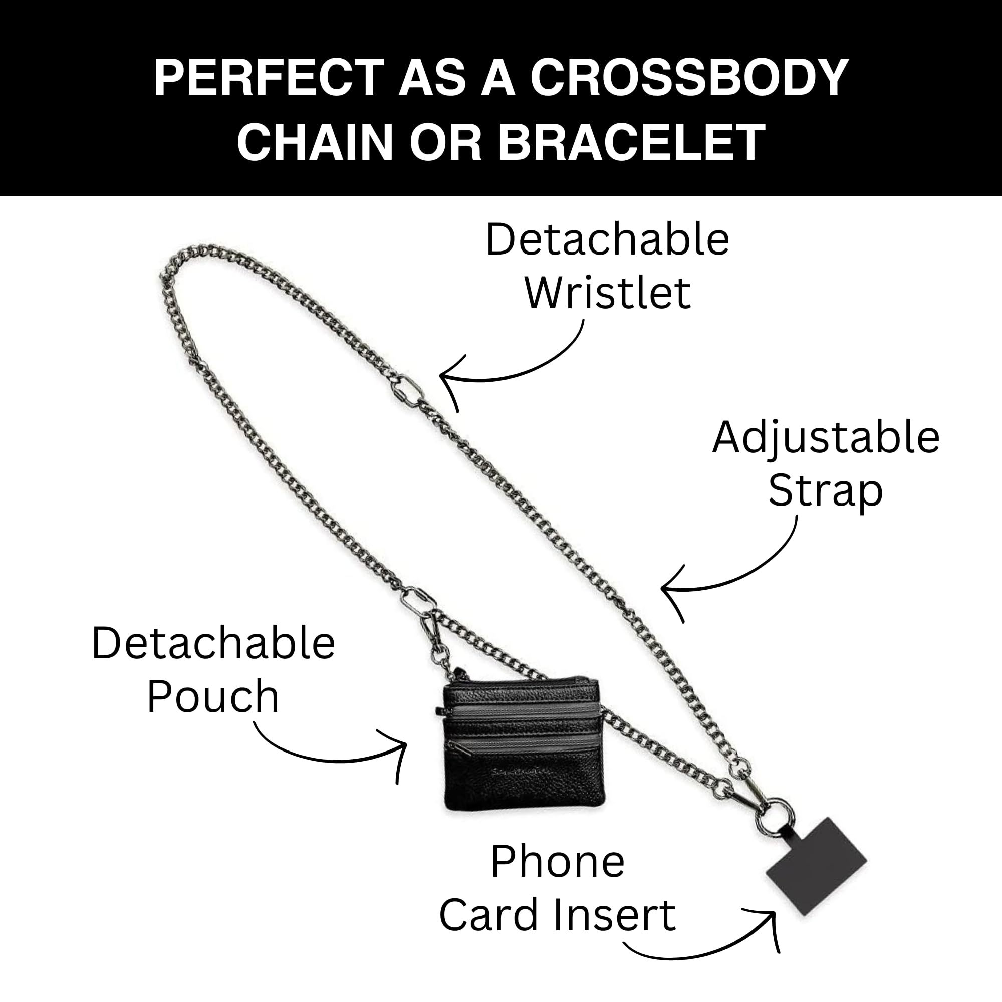 Clip and Go Phone Lanyard with Wallet – Adjustable Crossbody Chain Strap for Women, Gun Metal Finish & Black Pouch, Hands-Free Carrying for Shopping, Travel, and Outdoor Activities