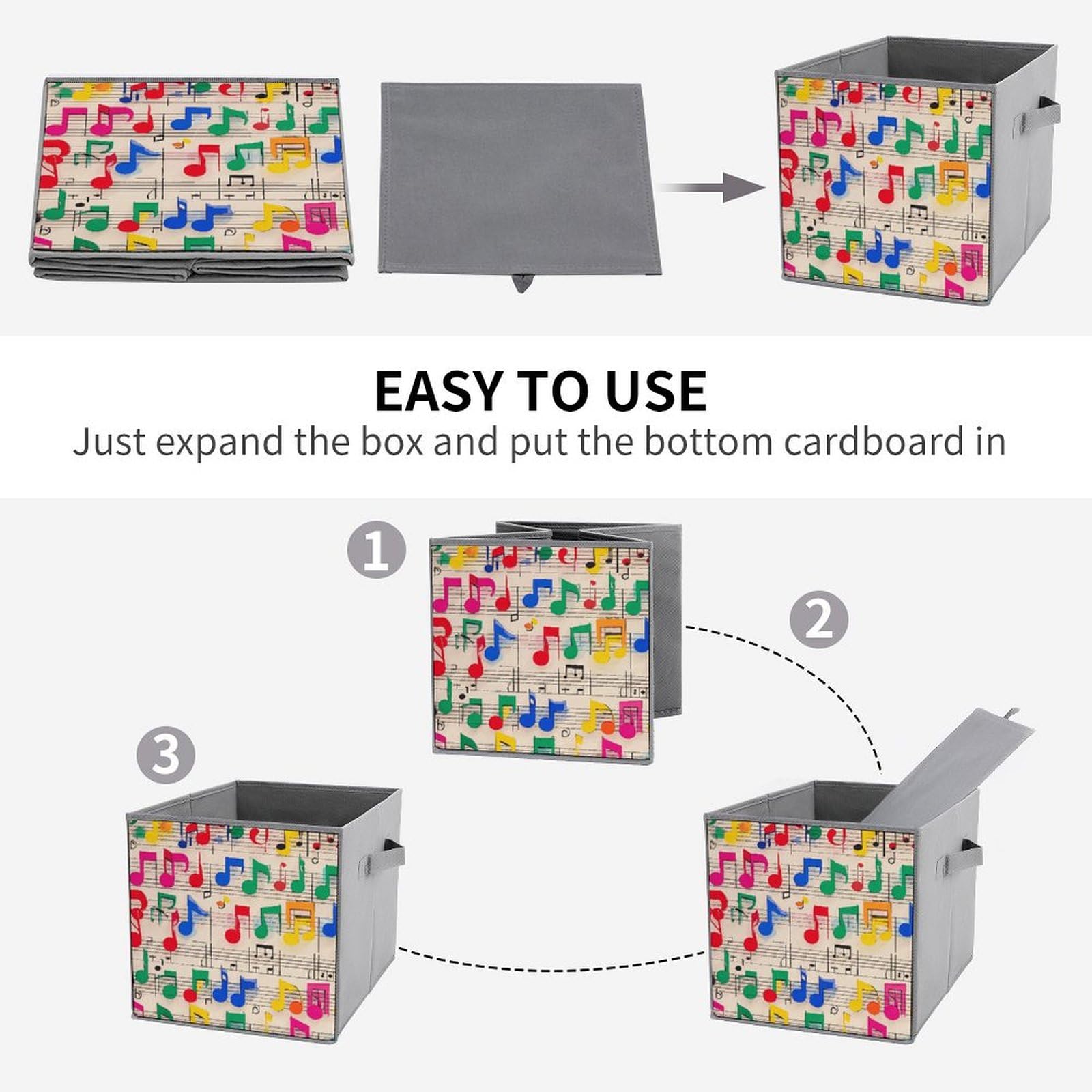 6-Piece Collapsible Storage Bins with Handles - Colorful Musical Notes Design, Foldable Organizing Baskets for Shelves, Closet, Kitchen & Bathroom - Space Saving Home Organization Solution for Toys, Books & Household Items