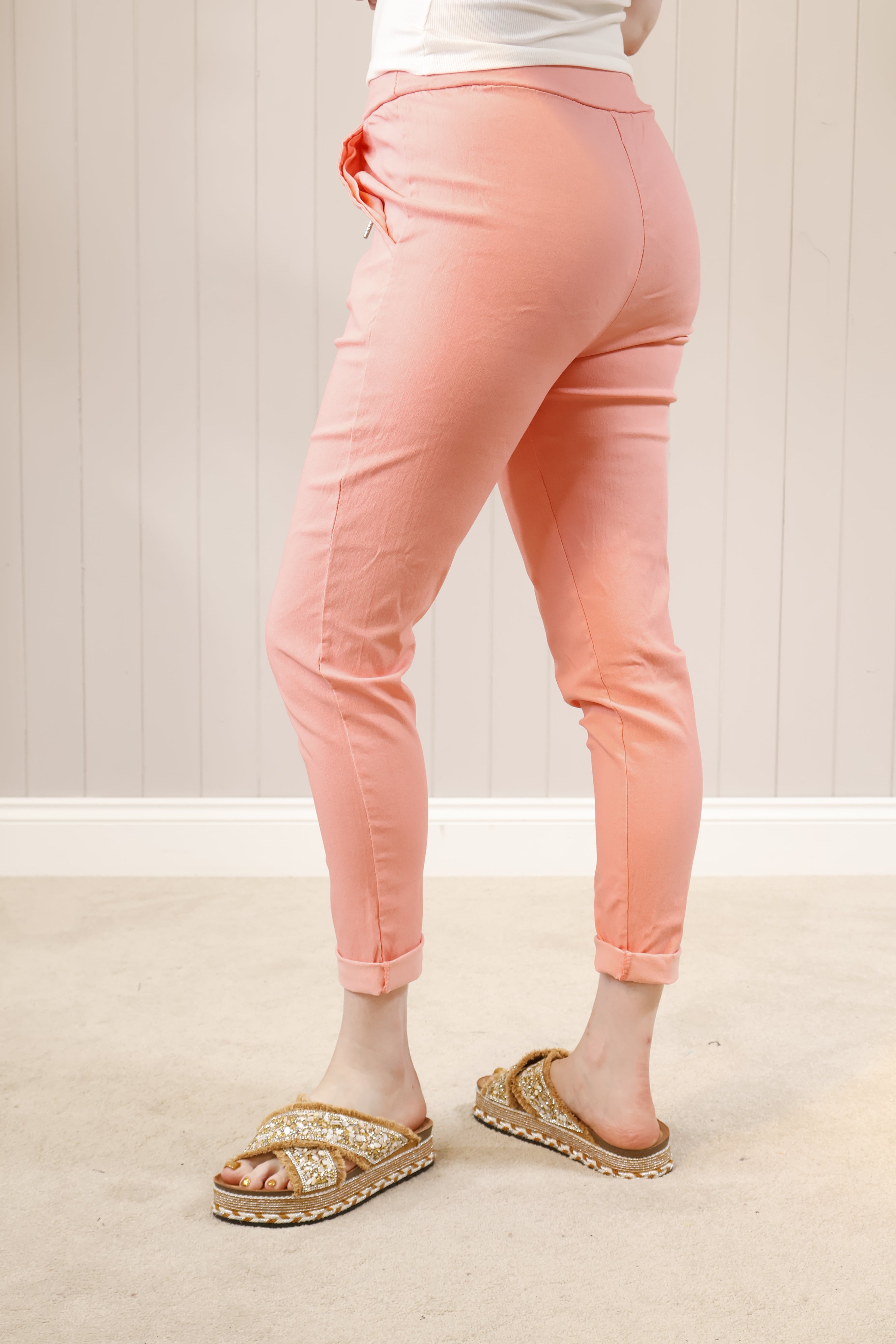 Magic Pants with Lurex Tie - Peach Color | Comfortable Stretchy Women's Pants for Work, Travel & Casual Wear