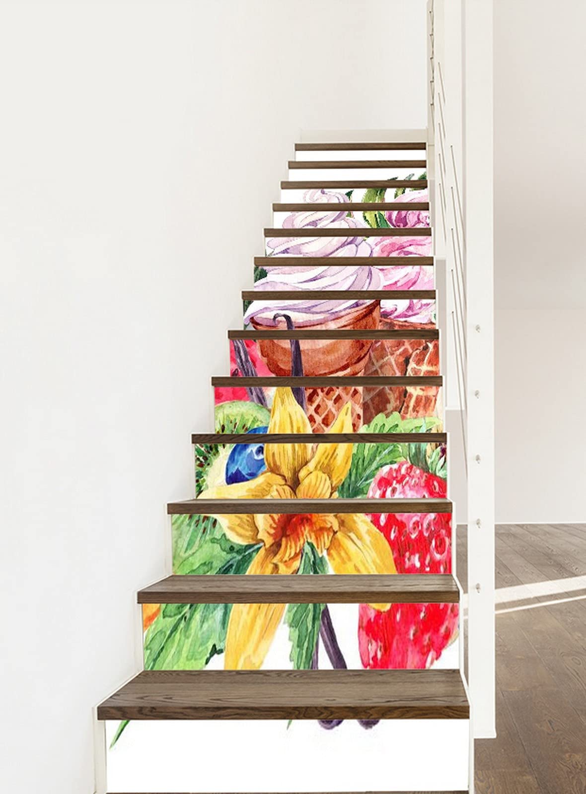 **A.Monamour 3D Self-Adhesive Removable Stair Stickers - Watercolor Tropical Leaves, Fruits, Ice Cream & Butterfly Vinyl Decals for Stair Risers, Kitchen Tiles, Walls & Murals (13-Piece Set) - Perfect for Home Decor, DIY Projects & Nursery Room Design**