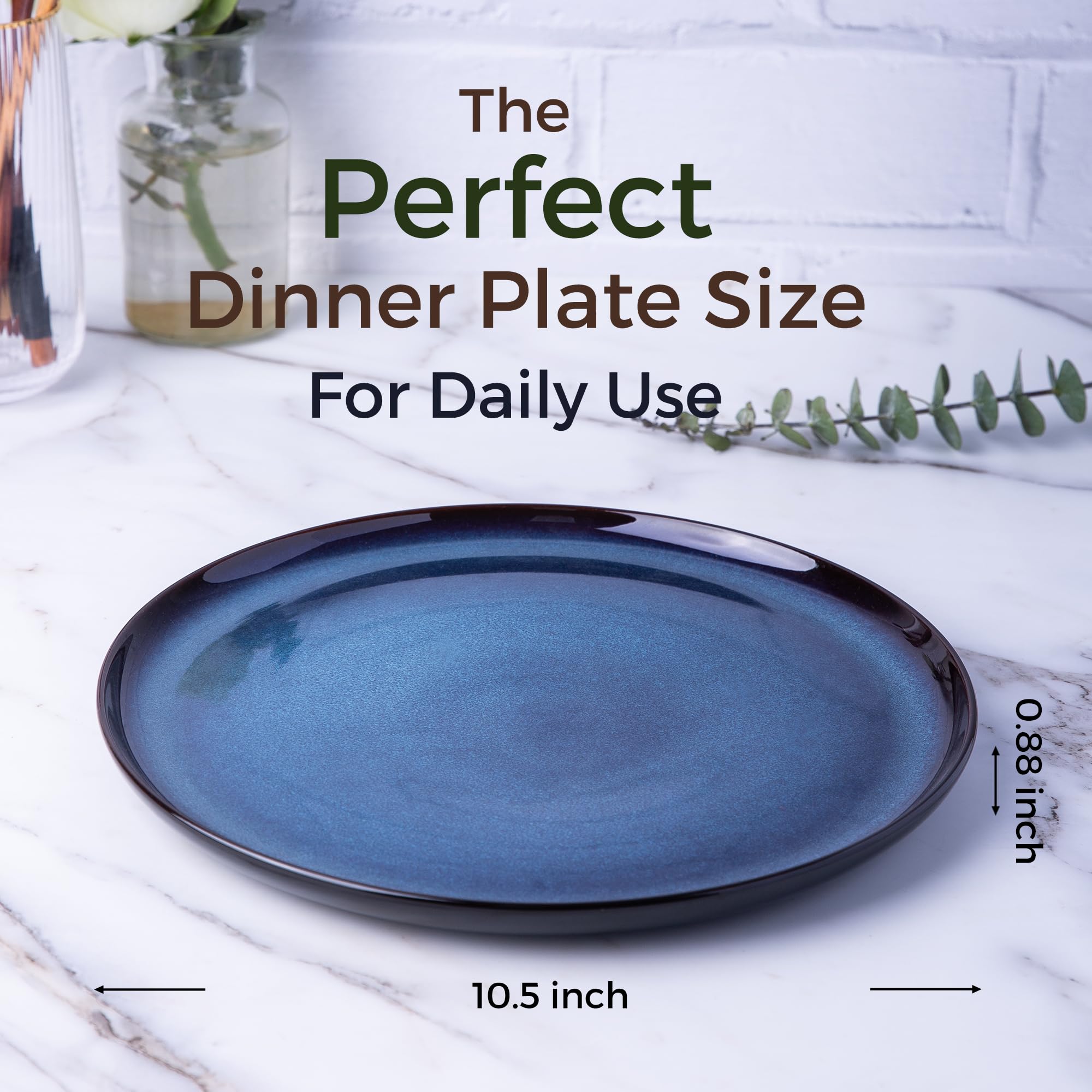 4-Pack 10.5 Inch Ceramic Dinner Plates Set - Reactive Glaze Porcelain Dishes, Microwave & Dishwasher Safe, Scratch Resistant Modern Dinnerware - Perfect for Home Dining, Restaurants & Entertaining (Blue)