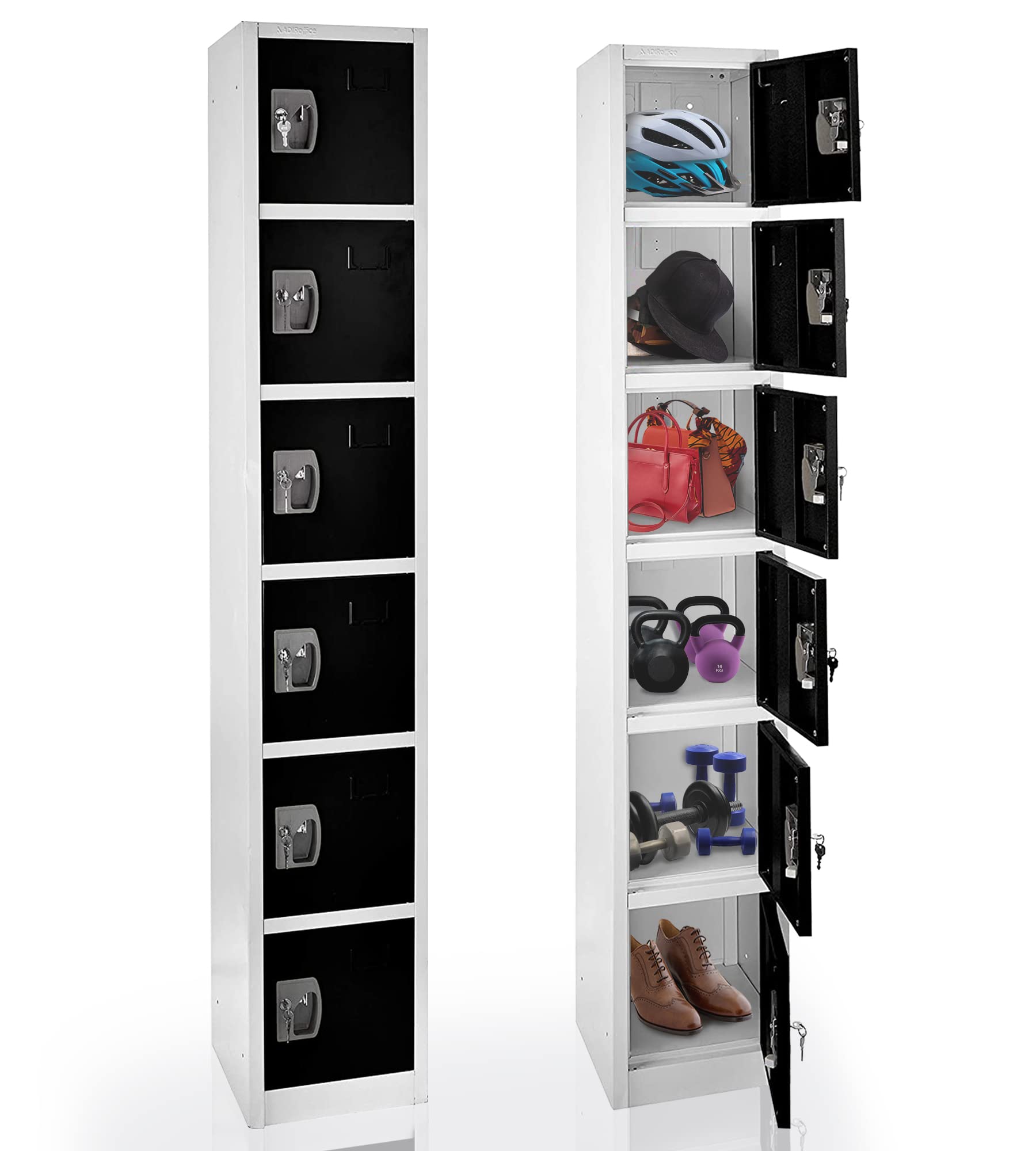 AdirOffice 6-Door Large School Locker with Hooks - Heavy Duty Metal Storage Cabinet for Garage, Office, Gym & Dorm Organization (Black) - Perfect for Sports Equipment, Tools & School Supplies Storage