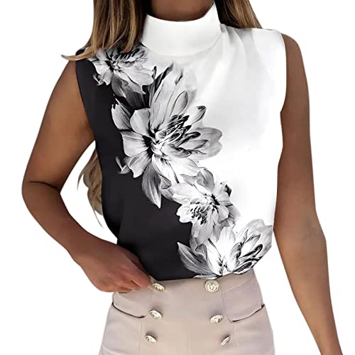 Women's Floral Print Sleeveless Turtleneck Tank Top - Casual Black Blouse for Work, Party & Date Night (XXL)