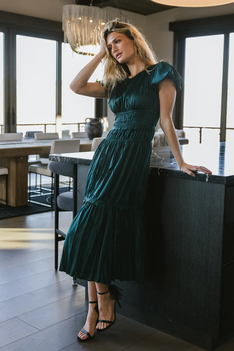 Julianne Pleated Dress in Teal - Elegant Women's Midi Dress for Parties & Special Occasions | FINAL SALE