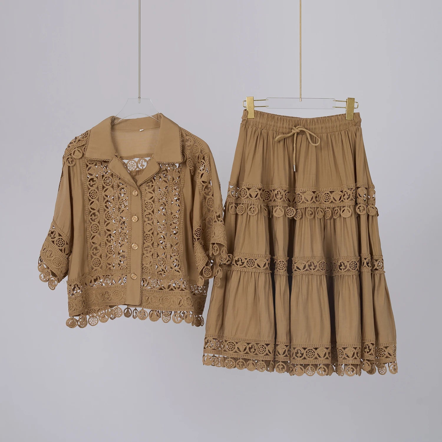 Women's 2-Piece Embroidery Outfit - Lace Hollow Out Loose Blouse & Elastic Waist Midi Skirt Set | Summer Vacation, Beachwear, Date Night, Casual Chic Outfits