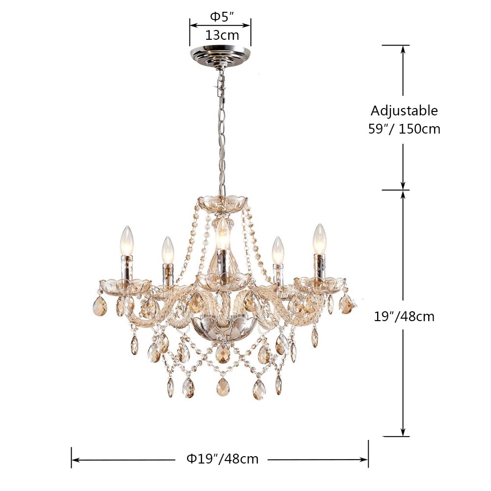 Saint Mossi 5-Light Modern K9 Crystal Chandelier - Elegant Dining Room Pendant Light, Bedroom & Living Room Ceiling Fixture with Champagne Crystals | Perfect for Home Decor, Wedding Venues, and Luxury Interior Lighting