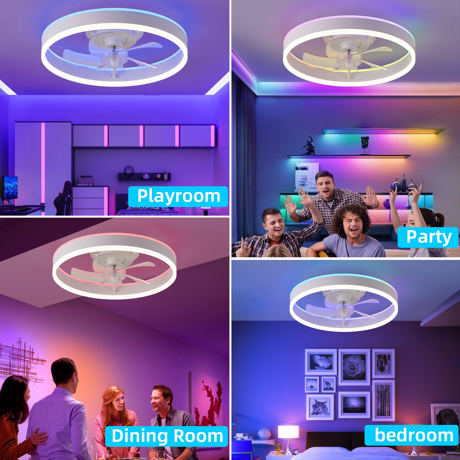 19.7 Inch RGB LED Ceiling Fan with Light - 3 Color Temperatures, 6 Speed Adjustable, Reversible Rotation for Bedroom, Living Room & Office