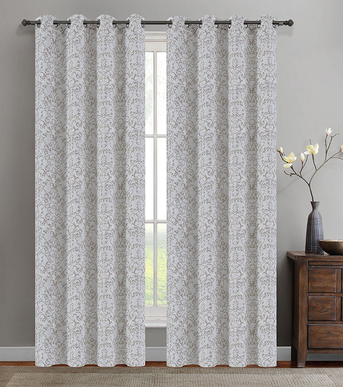 Elegant Jacquard Vine Blackout Curtain Panels with Grommets - 4 Colors for Living Room, Bedroom & Home Decor