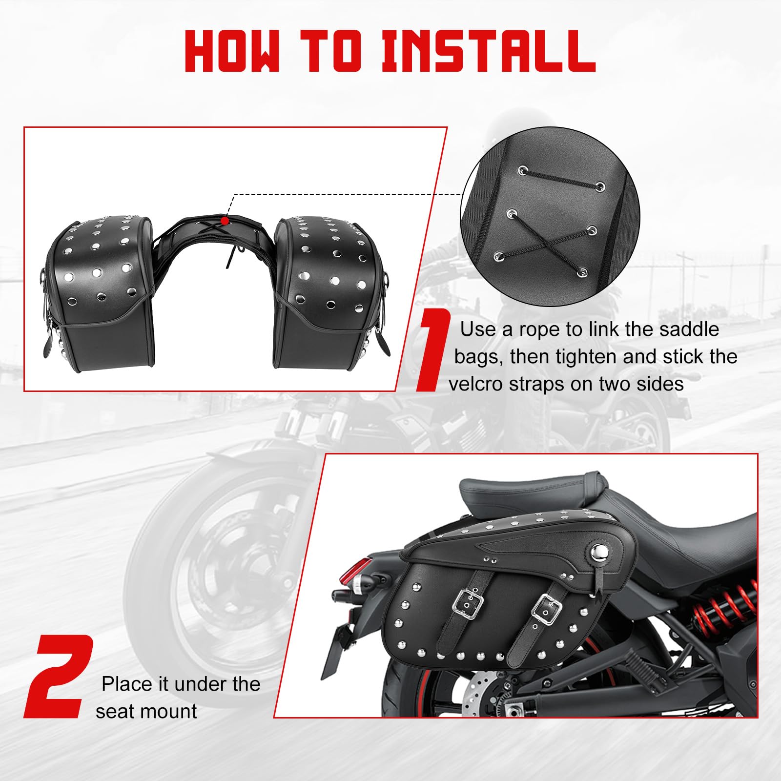 INNOGLOW Motorcycle Saddlebags - 2PCS Synthetic Leather Side Bags with Rivets, Waterproof Tool Storage for Harley, Kawasaki, Suzuki, Ducati Cruiser & Bobber - Perfect for Road Trips, Commuting & Adventure Riding