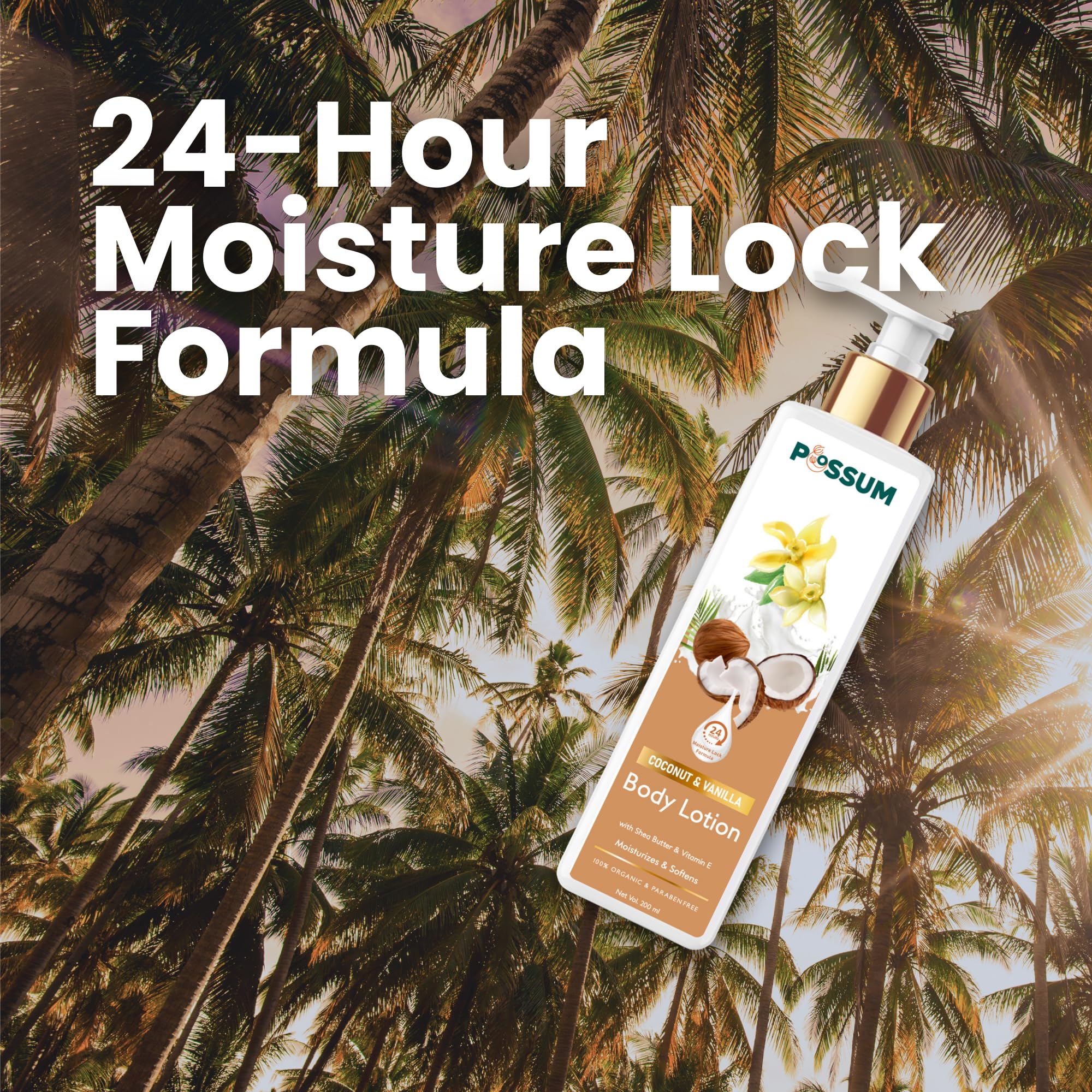 POSSUM Coconut Vanilla Body Lotion with Shea Butter & Vitamin E - Deep Moisturizing Cream for Dry Skin, Anti-Wrinkle Treatment, Paraben-Free, 200ml - Perfect for Daily Hydration & Nighttime Skin Repair