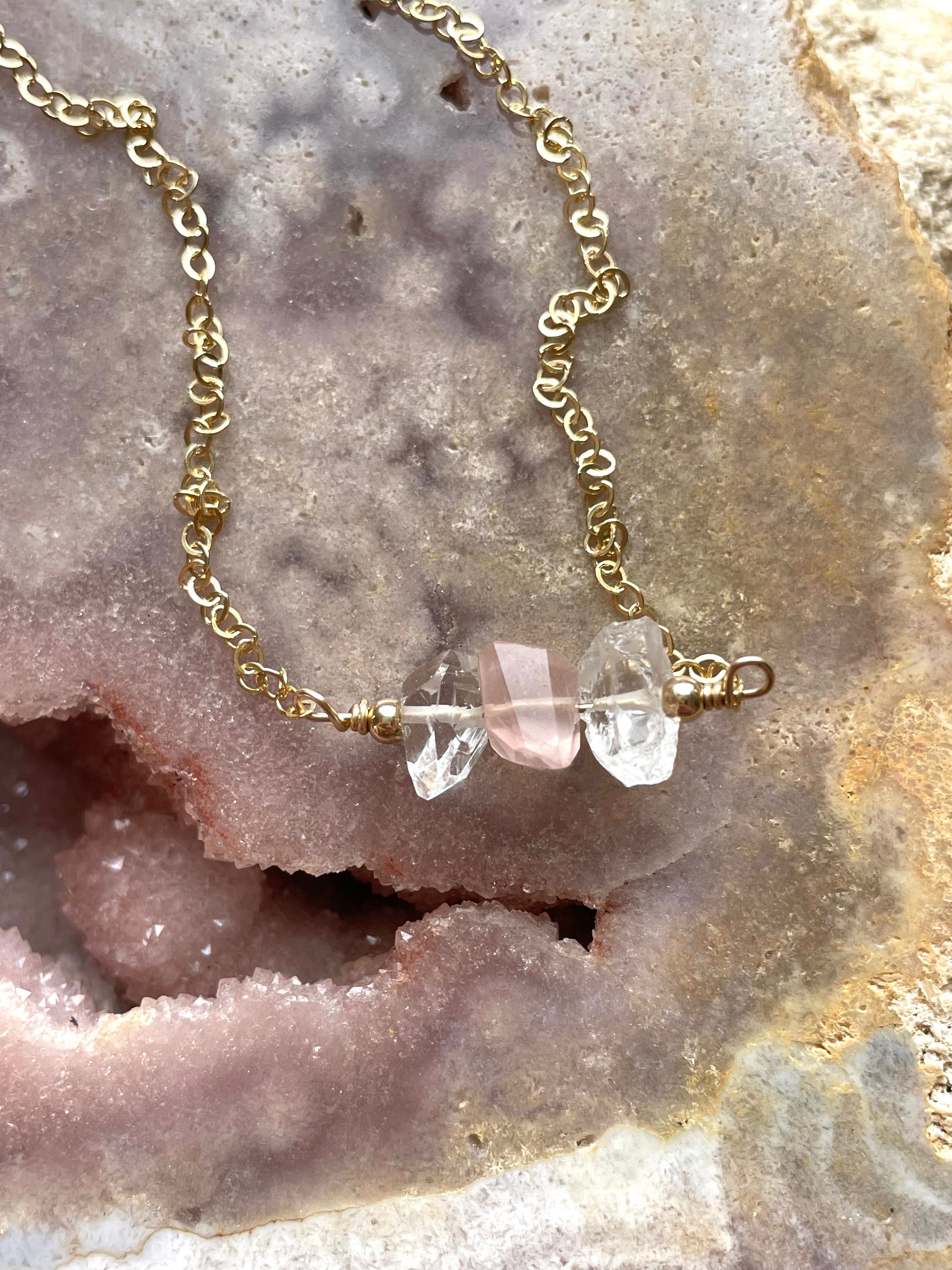 Elegant Feminine Crystal Necklace - Herkimer Diamond, Rose Quartz & Clear Quartz Pendant for Women | Perfect for Weddings, Date Nights & Spiritual Healing
