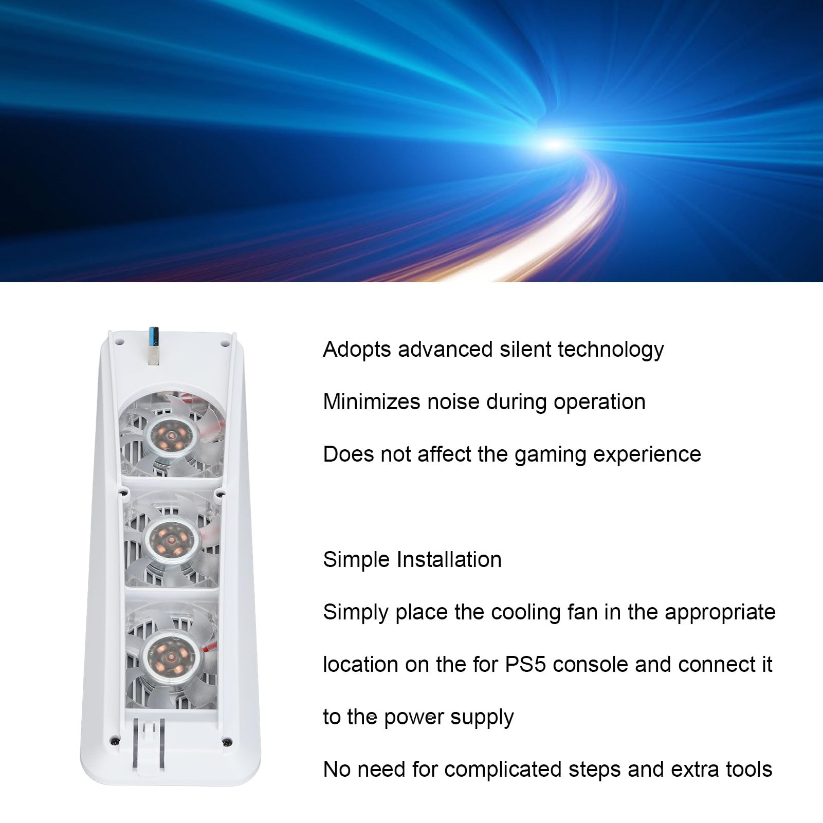 Upgraded PS5 Cooling Fan with 3 Silent Fans & Extra USB Hub - Blue LED Light Effect for PS5 Console (White) - Perfect for Gaming, Streaming & Long Play Sessions