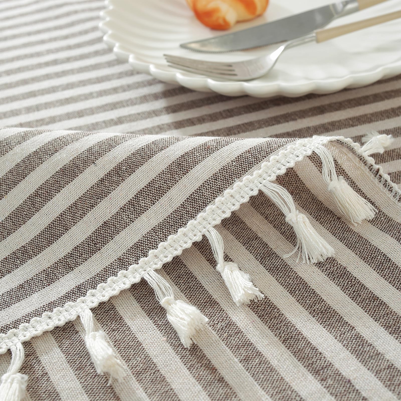 Meioro Striped Fringe Tablecloth - 55x102 Inch Coffee Brown Cotton Linen Rectangular Table Cover for Dining, Coffee, Buffet, Kitchen, Picnic Tables - Perfect for Parties, Holidays, Weddings & Outdoor Gatherings