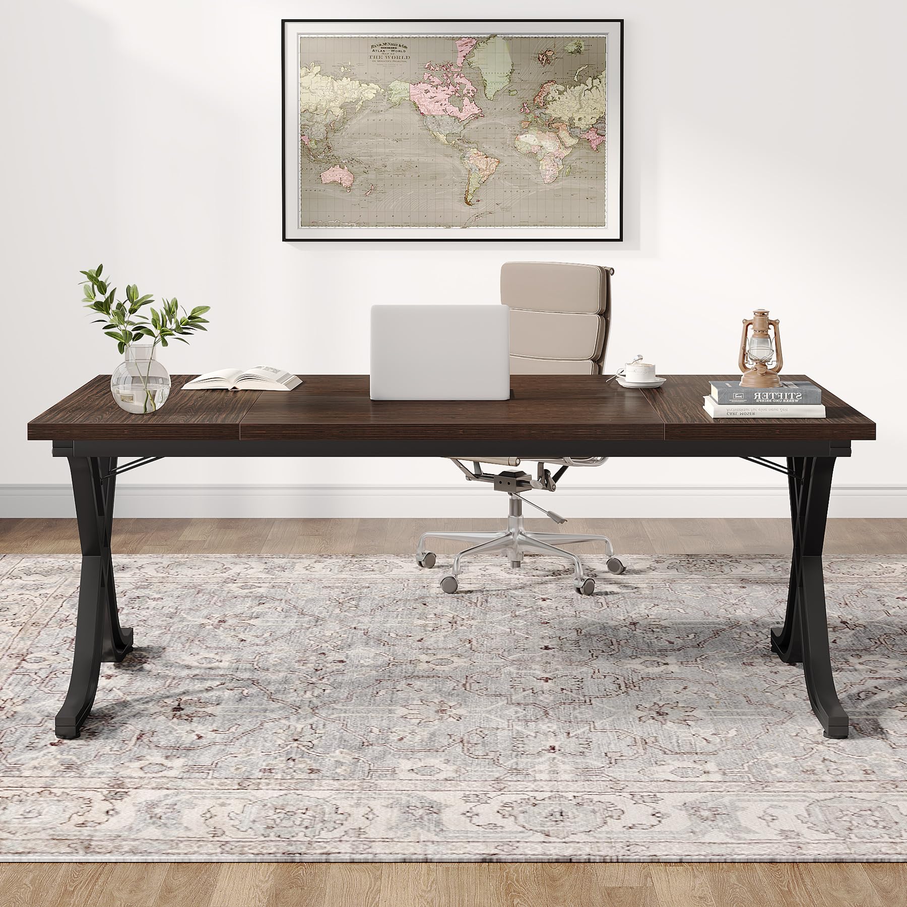 Tribesigns 63 Inch Executive Desk - Large Office Computer Desk with Thick Wooden Tabletop & Sturdy Metal Frame, Modern Minimalist Workstation for Home Office, Study & Writing (Walnut Brown) - Perfect for Remote Work, Online Classes & Home Office Setup