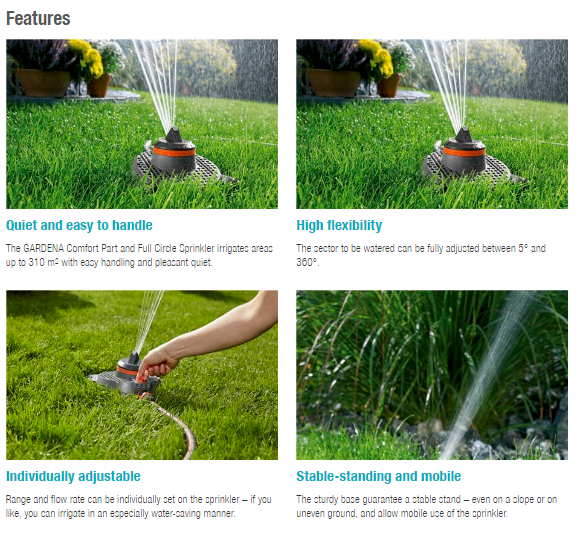 Gardena Comfort Part and Full Circle Sprinkler Tango 2065 20 - Adjustable Lawn Watering System for Garden, Yard & Landscaping | Perfect for Small to Medium Outdoor Areas