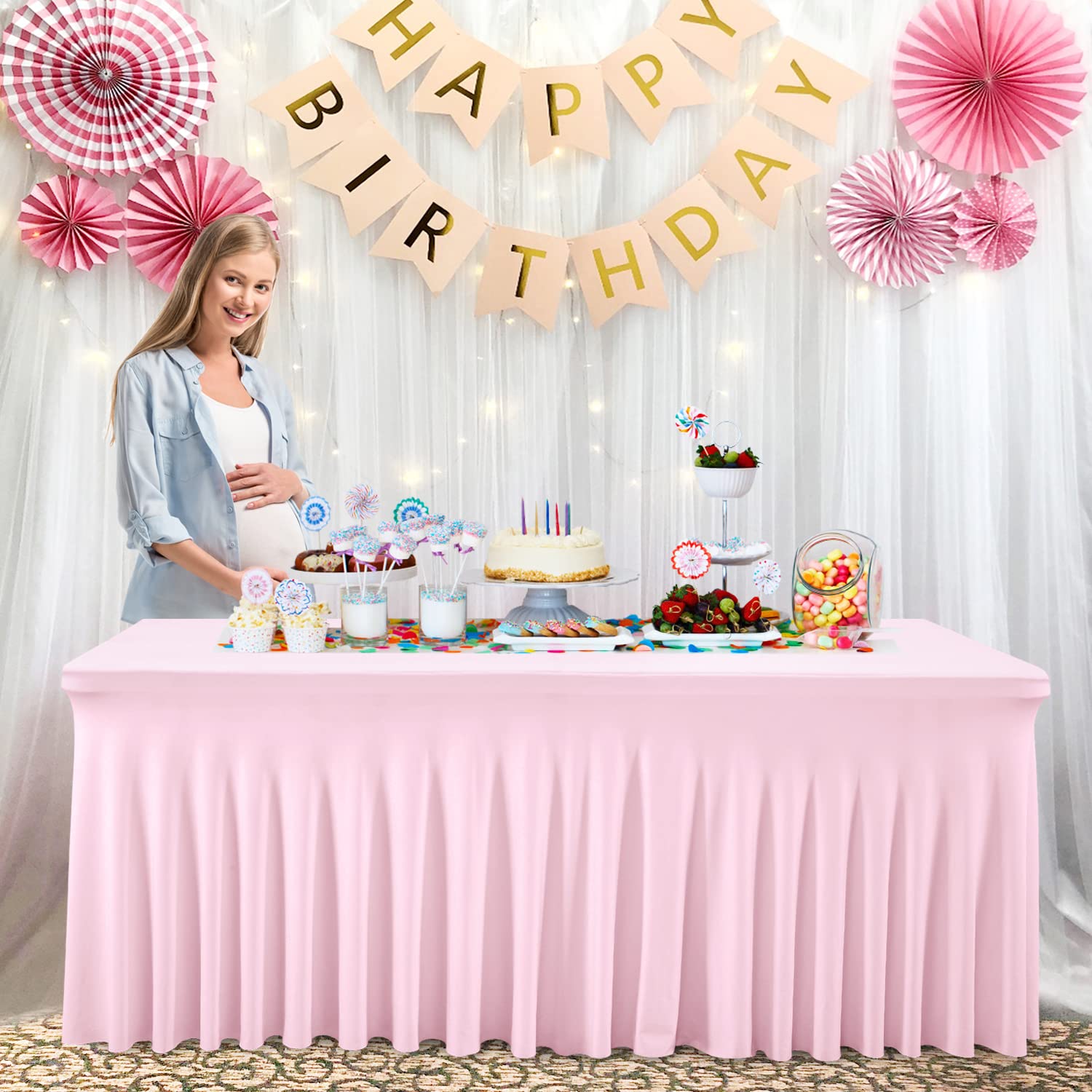 8ft Pink Spandex Table Skirt - Stretchable Table Cover for 8 Foot Rectangle Folding Tables | Perfect for Weddings, Banquets & Party Decorations