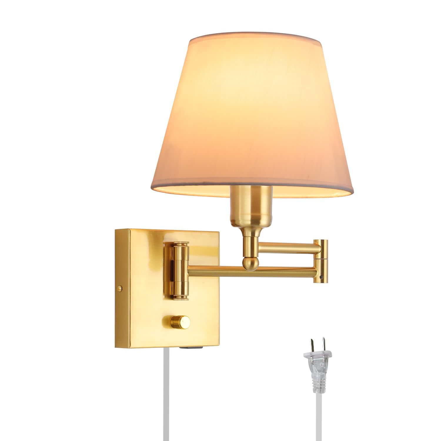 Dimmable Swing Arm Wall Sconce Light with USB Port - Adjustable Fabric Shade Bedside Lamp with Plug-in Cord, Gold Wall Light for Bedroom, Living Room & Hotel | Perfect for Reading, Nightstand Lighting and Modern Home Decor
