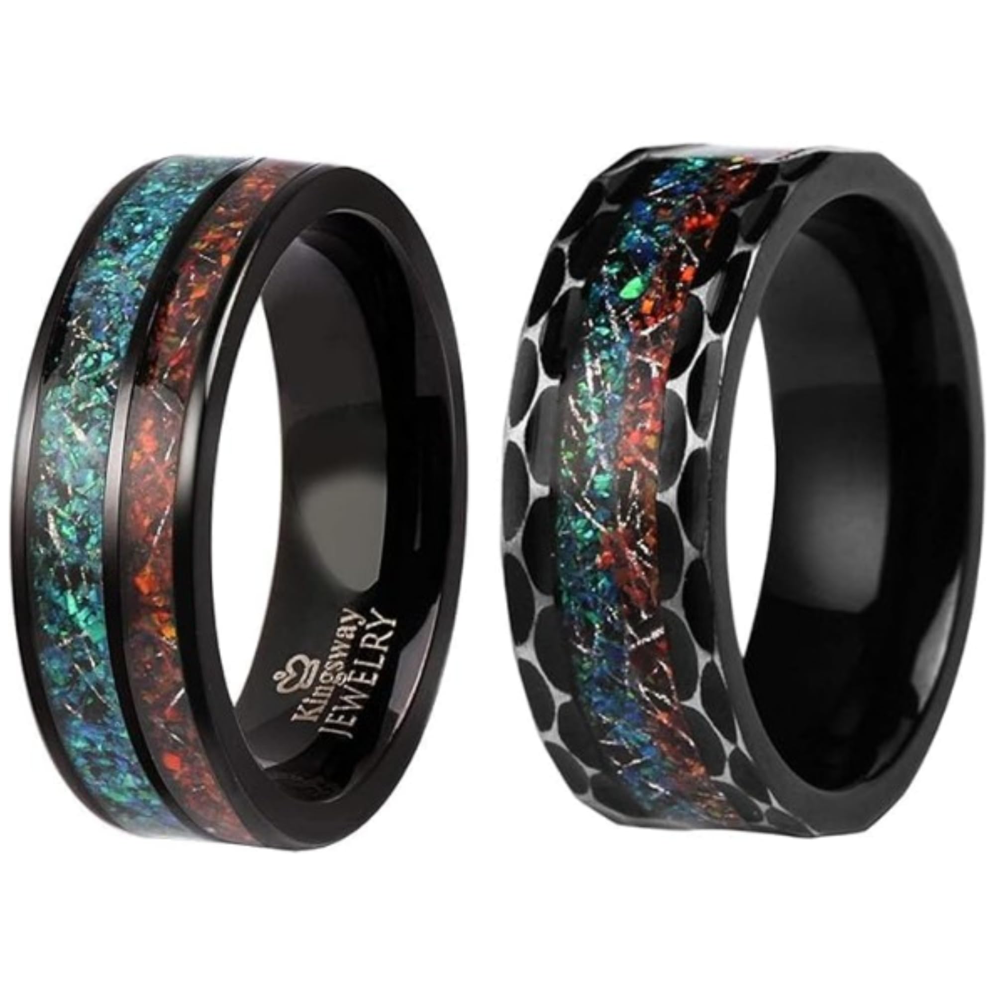 Volcanic Ocean Opal Ring with Meteorite Inlay - Fire & Water Opal Wedding Band for Women & Men - Unique Meteorite & Opal Jewelry for Engagement, Anniversary & Special Occasions
