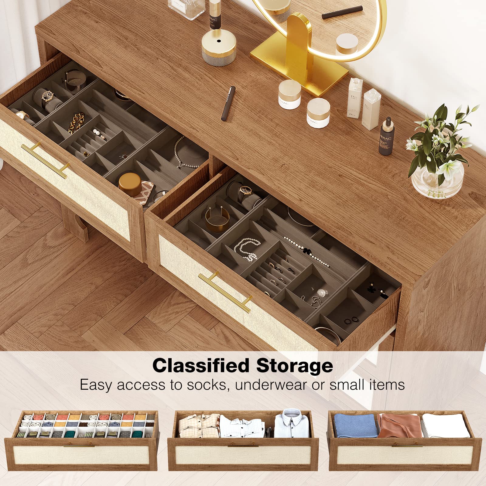 Mid Century Modern 6-Drawer Wooden Dresser with Burlap Fabric - Boho Style Storage Cabinet for Bedroom, Living Room, Nursery & TV Stand | Solid Wood Legs & Wide Chest of Drawers for Home Organization & Stylish Decor
