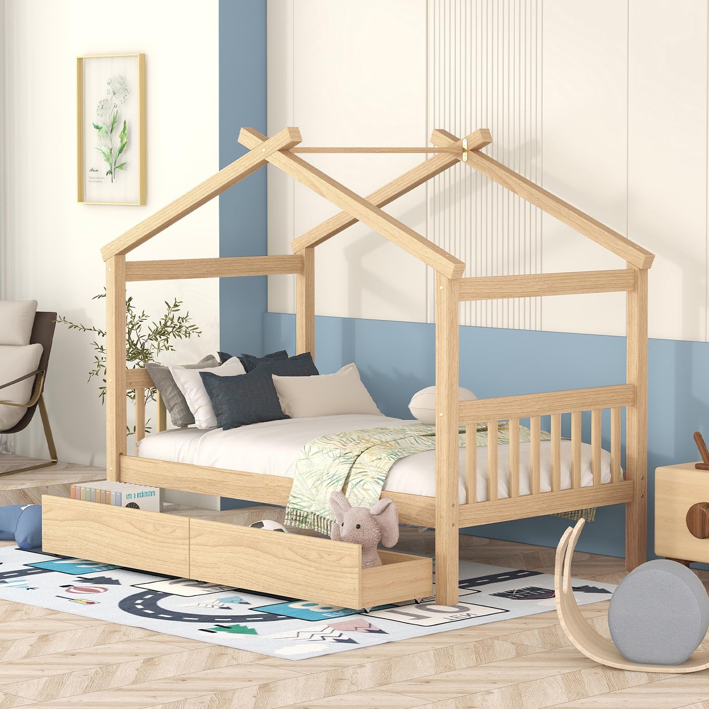 Harper & Bright Designs Twin Size Wooden House Bed for Kids with Storage Drawers - Natural Wood Roof Design Bed Frame for Boys & Girls - Perfect for Bedrooms, Playrooms & Kids' Rooms