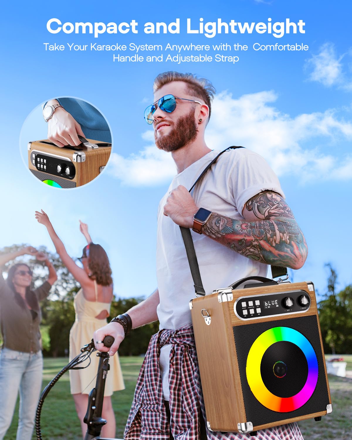 Portable Bluetooth Karaoke Machine with 2 Wireless Microphones - PA System with Bass/Echo Control, LED Lights, TF Card/USB/Aux Input for Home Parties, Indoor/Outdoor Gatherings & Birthday Celebrations (Wood-NT002)