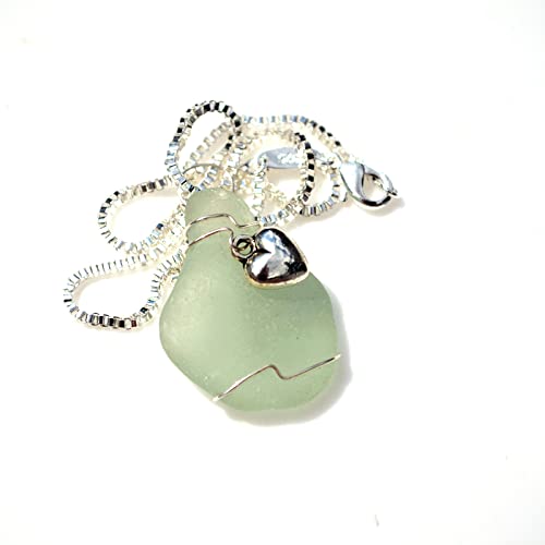 Authentic Aqua Sea Glass Necklace with Sterling Silver Heart Charm – Perfect for Beach Weddings, Boho Fashion & Gift Giving