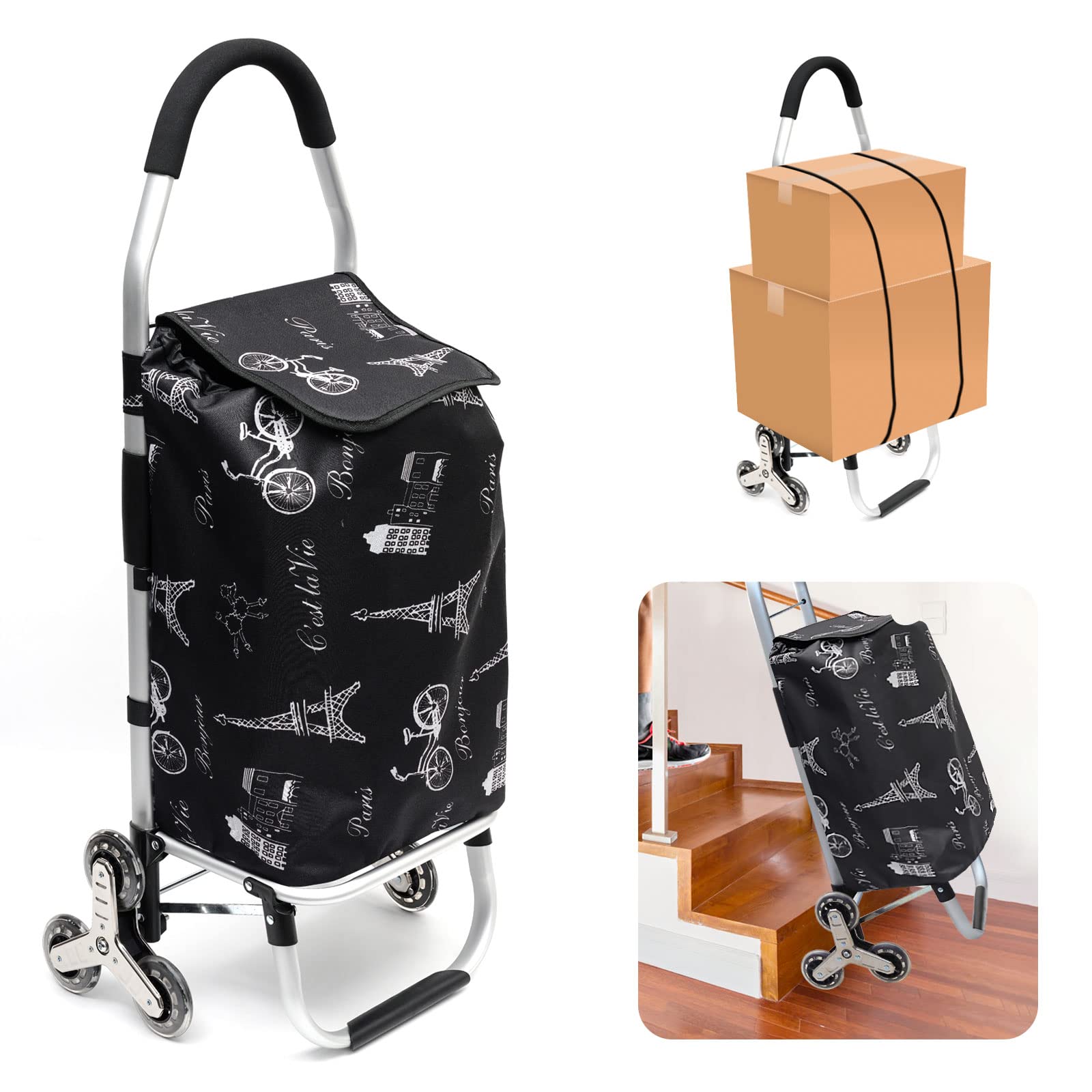 Foldable Grocery Shopping Cart with Wheels - Heavy Duty Utility Cart with Removable Waterproof Canvas Bag (Black) - Perfect for Supermarkets, Farmers Markets & Apartment Living