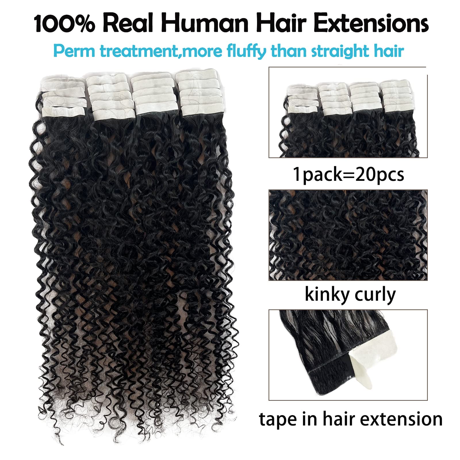 Kinky Curly Tape-in Hair Extensions 22 Inch - 100% Human Hair #1 Natural Black - Invisible Double Sided Tape Extensions (50g, 20pcs/Set) for Everyday Wear, Parties & Special Occasions