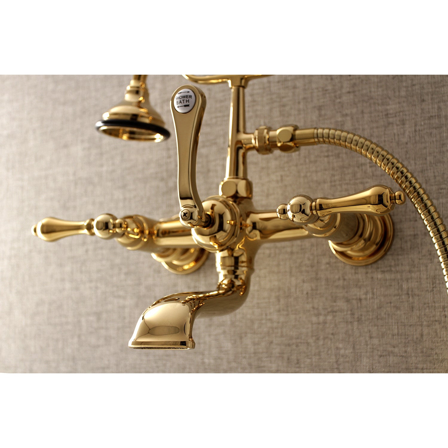 Vintage AE551T2 Polished Brass 3-Handle Wall Mount Clawfoot Tub Faucet with Hand Shower - Perfect for Bathroom Renovation & Luxury Spa Experience