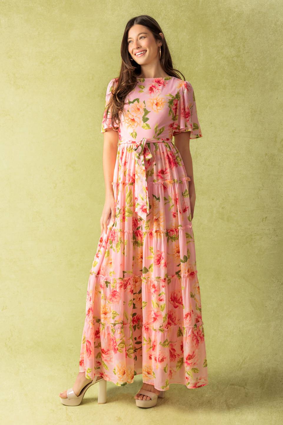 Elegant Pink Floral Maxi Dress for Women - Romantic Carriage Ride Inspired Long Dress - Perfect for Weddings, Dates & Summer Vacations