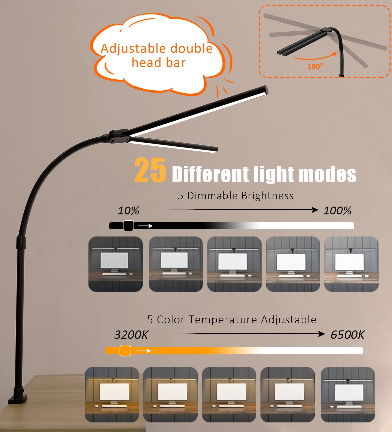 Double Head LED Desk Lamp - 24W Brightest Architect & Workbench Lighting with 5 Color Modes & Dimmable Eye Protection - Modern Home Office Lamp for Reading, Studying & Computer Work