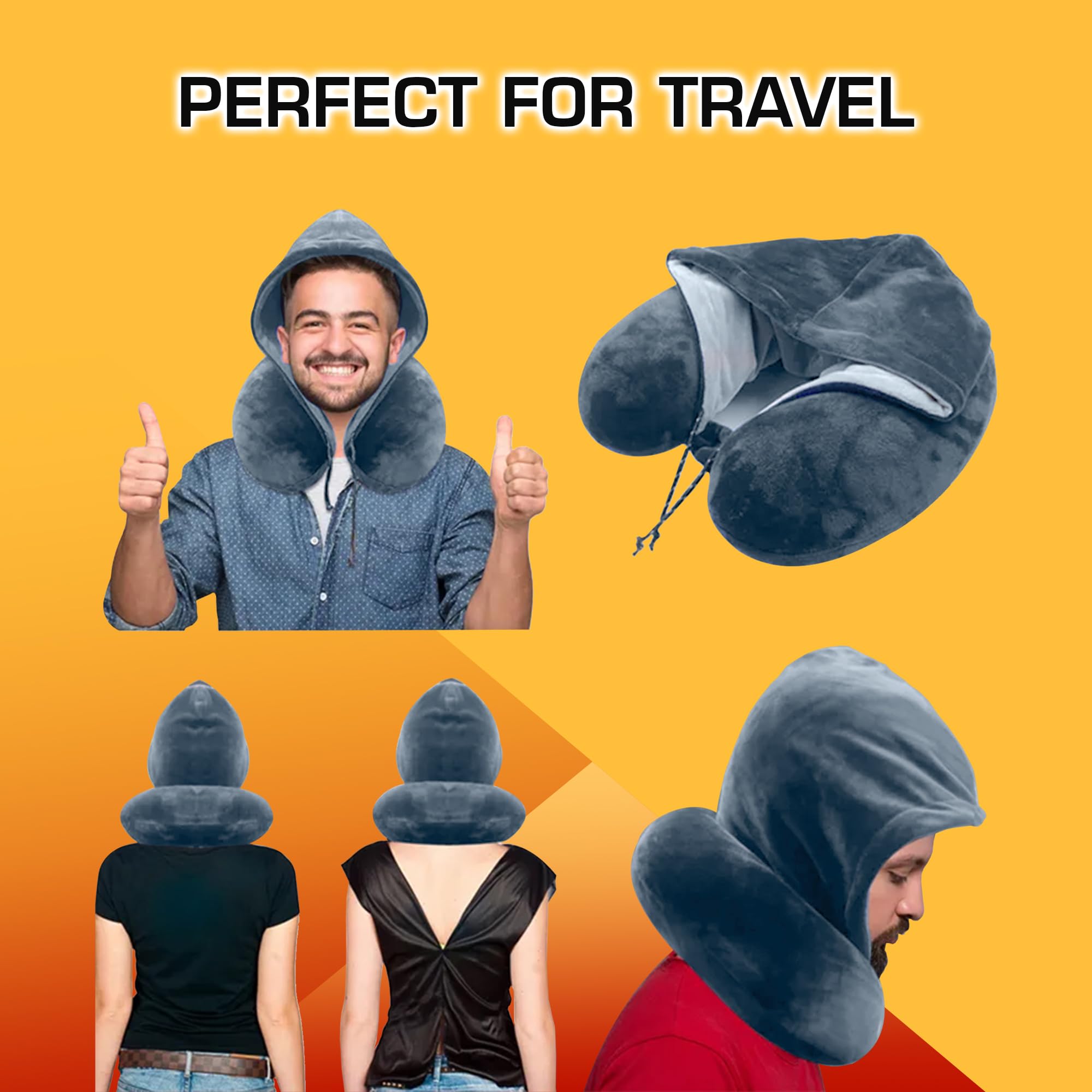 Billebon Premium Ultra Soft Neck Pillow with Hood - Super Comfortable Travel Pillow for Airplane, Car & Office - Grey Memory Foam Support for Long Flights & Naps