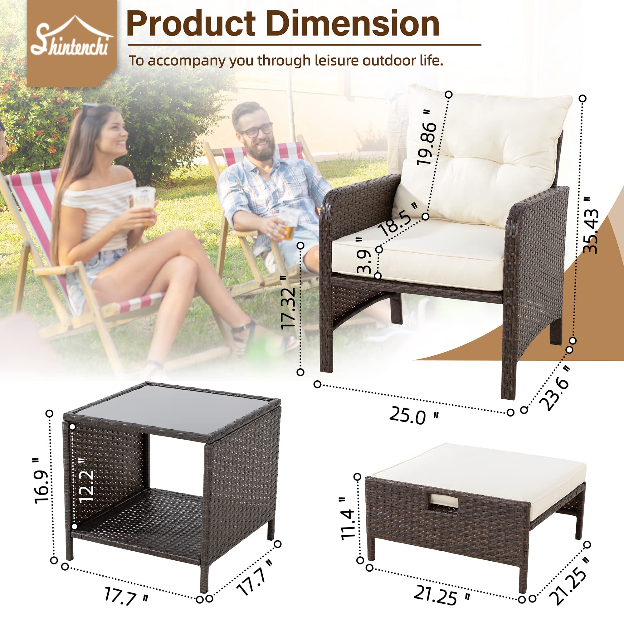 Shintenchi 5-Piece All-Weather PE Rattan Outdoor Patio Furniture Set with Cushioned Lounge Chairs & Ottoman - Perfect for Garden, Poolside, Balcony, and Backyard Relaxation