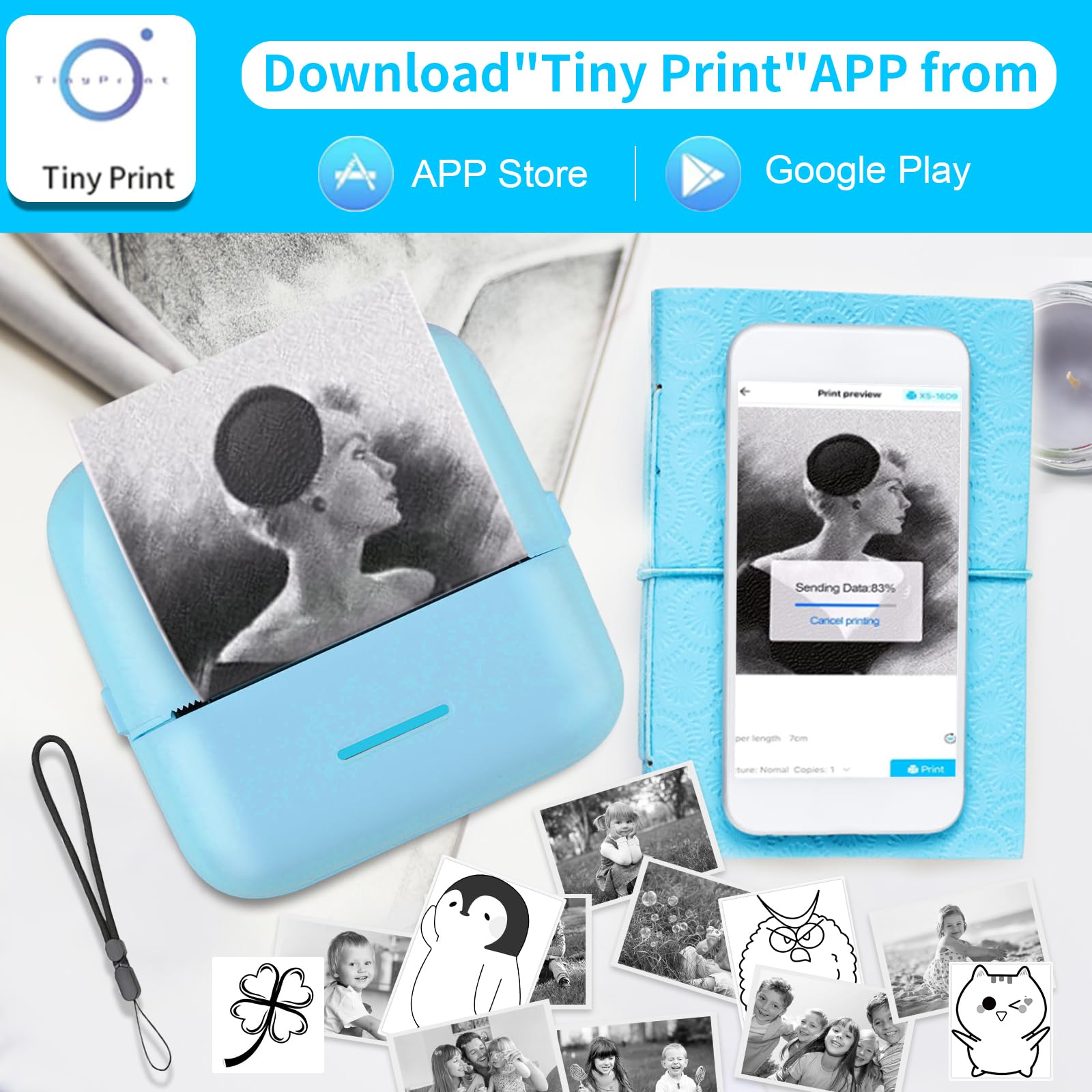 HuiJuKeJi Mini Sticker Printer - Bluetooth Smart Pocket Thermal Printer for iOS & Android | Inkless Printing with 11 Rolls Thermal Paper | Portable for Receipts, Photos, Journals, Notes & Memos | Perfect for Home, Office & Travel Use