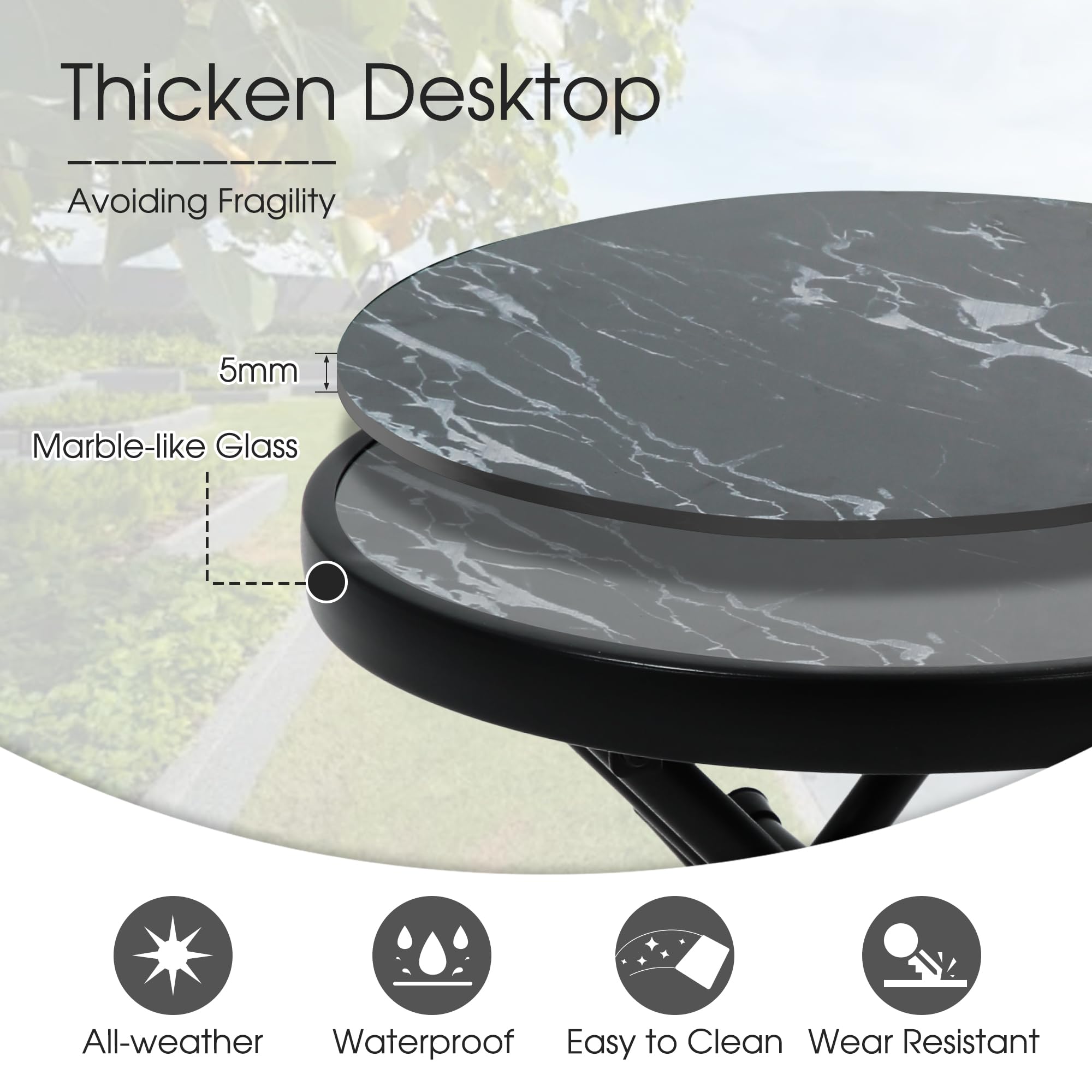 HOMEFUN Outdoor Folding Side Table with Tempered Glass Top - Portable Bistro Coffee Table for Patio, Porch, Yard, Balcony, Garden, Deck & Poolside - Perfect for Outdoor Dining, Relaxing & Entertaining - Black